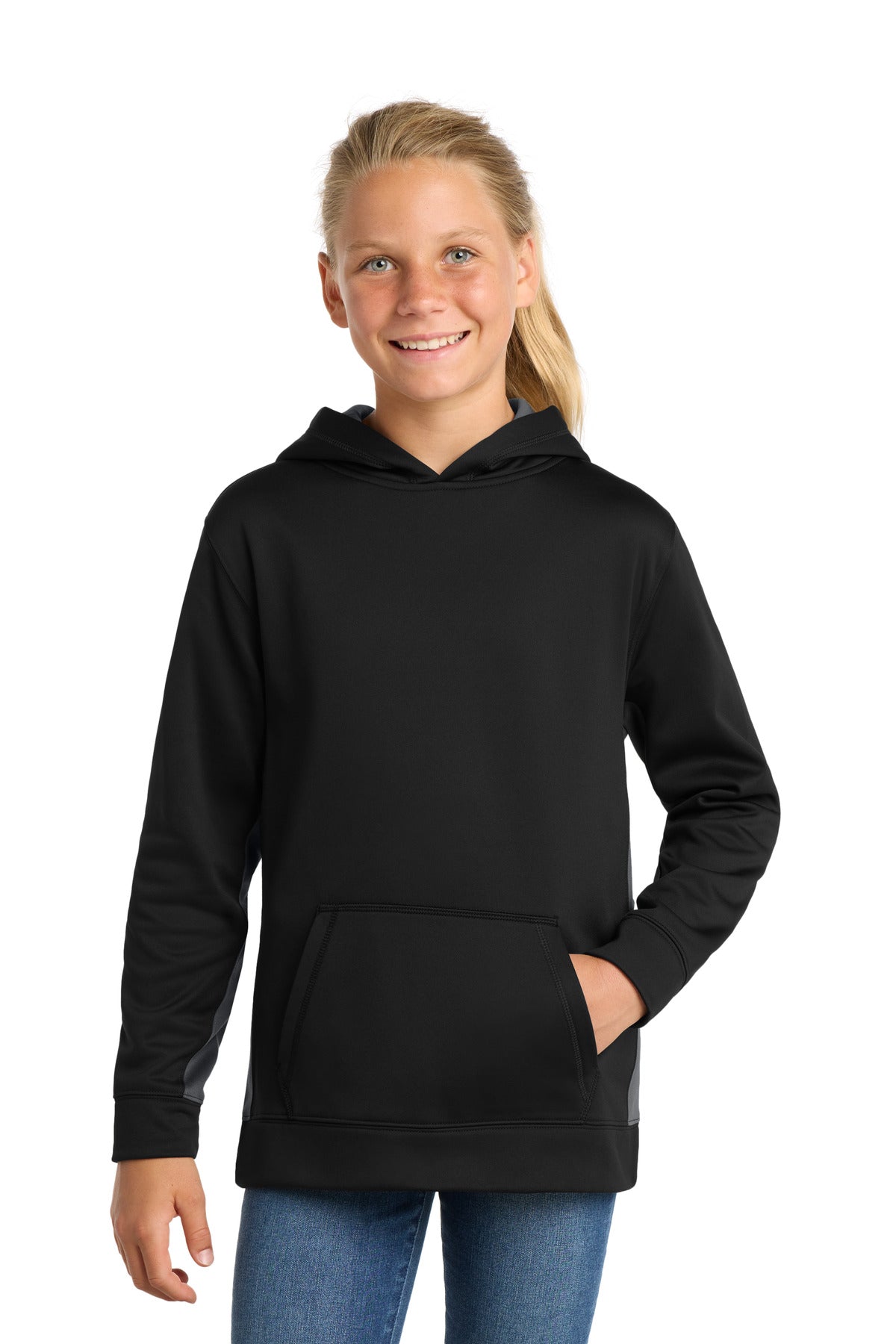 Sport-Tek Youth Sport-Wick Fleece Colorblock Hooded Pullover.  YST235 in Black/ Dark Smoke Grey