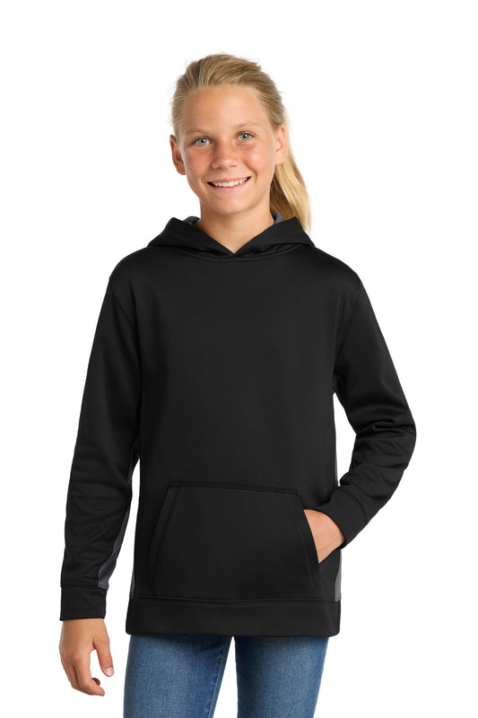 Sport-Tek Youth Sport-Wick Fleece Colorblock Hooded Pullover.  YST235 in Black/ Dark Smoke Grey