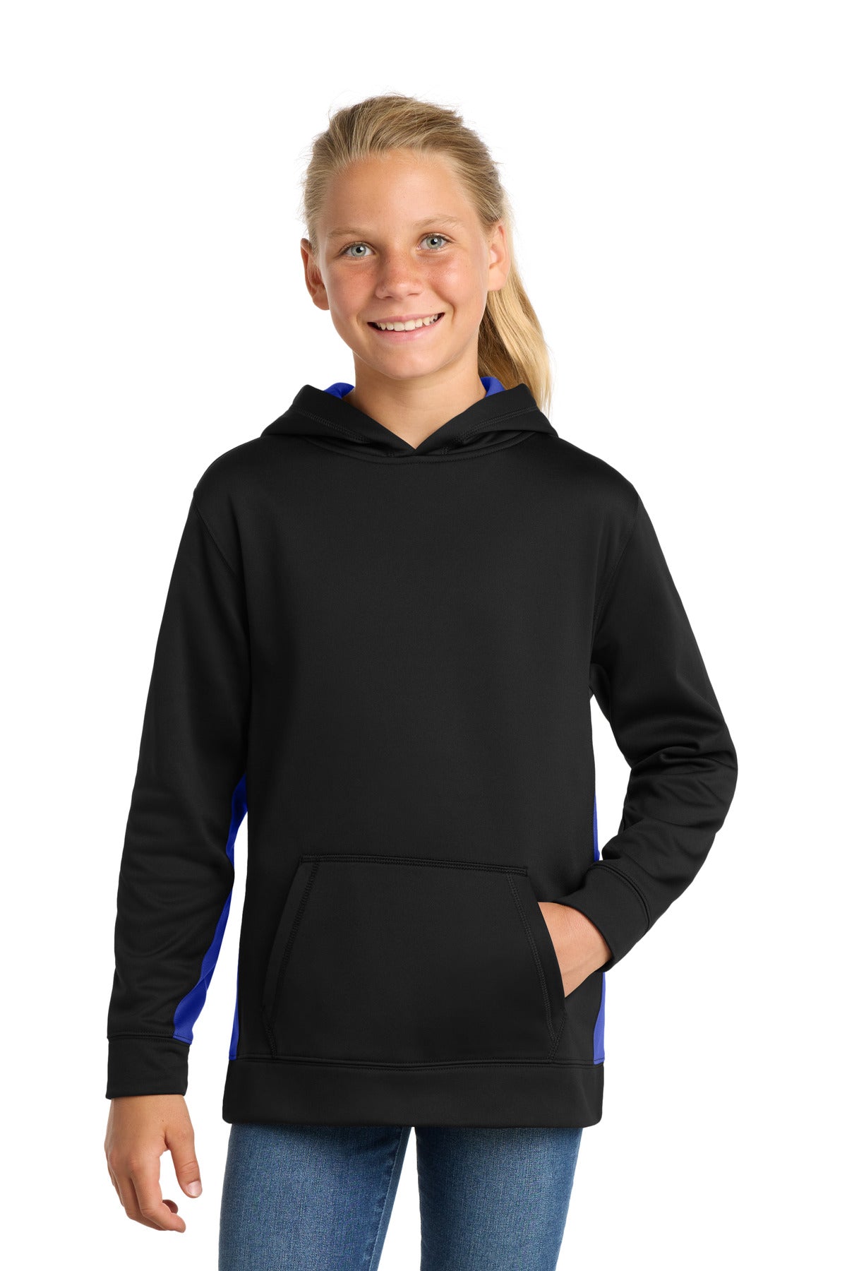 Sport-Tek Youth Sport-Wick Fleece Colorblock Hooded Pullover.  YST235 in Black/ True Royal