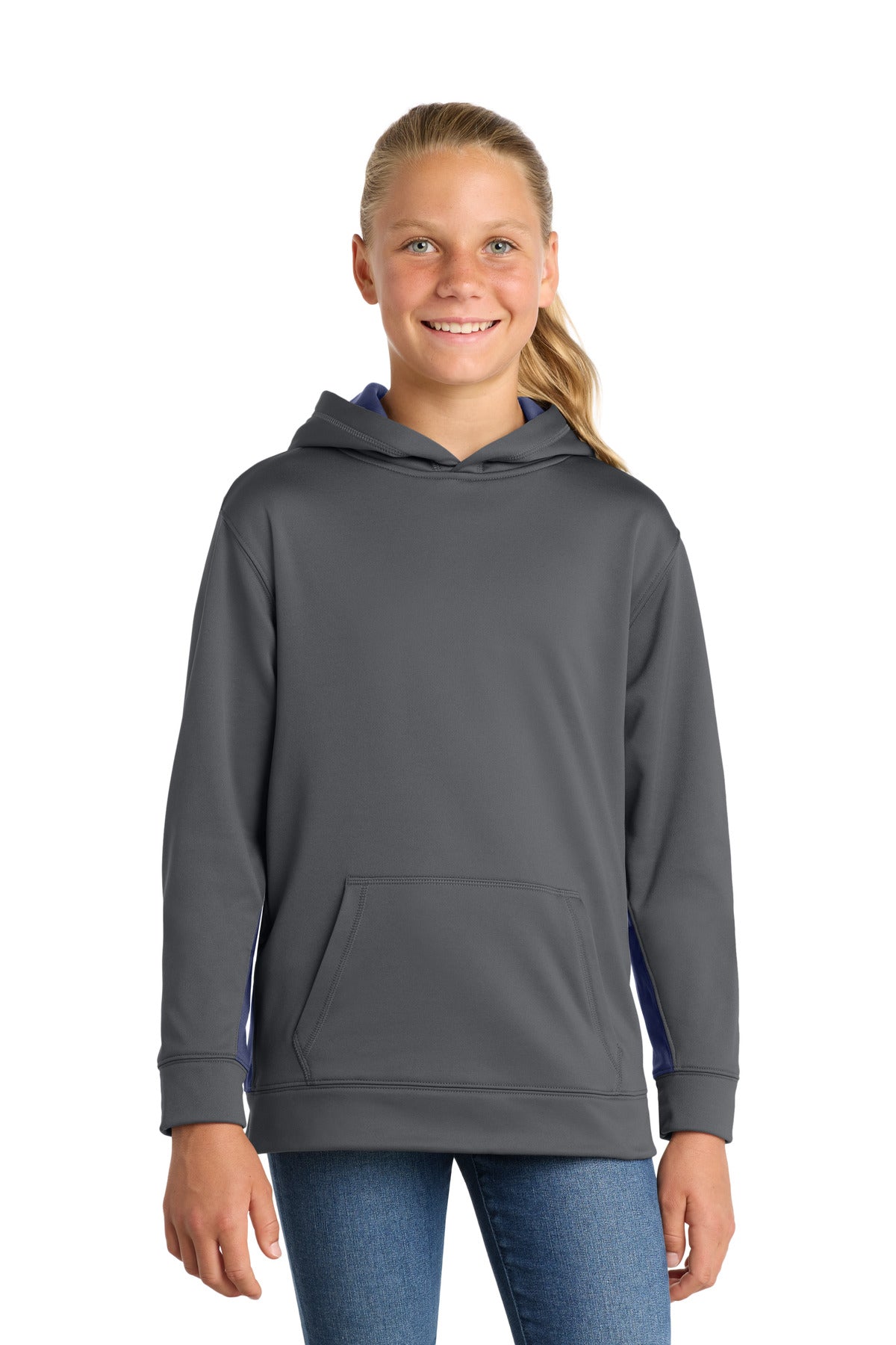 Sport-Tek Youth Sport-Wick Fleece Colorblock Hooded Pullover.  YST235 in Dark Smoke Grey/ Navy