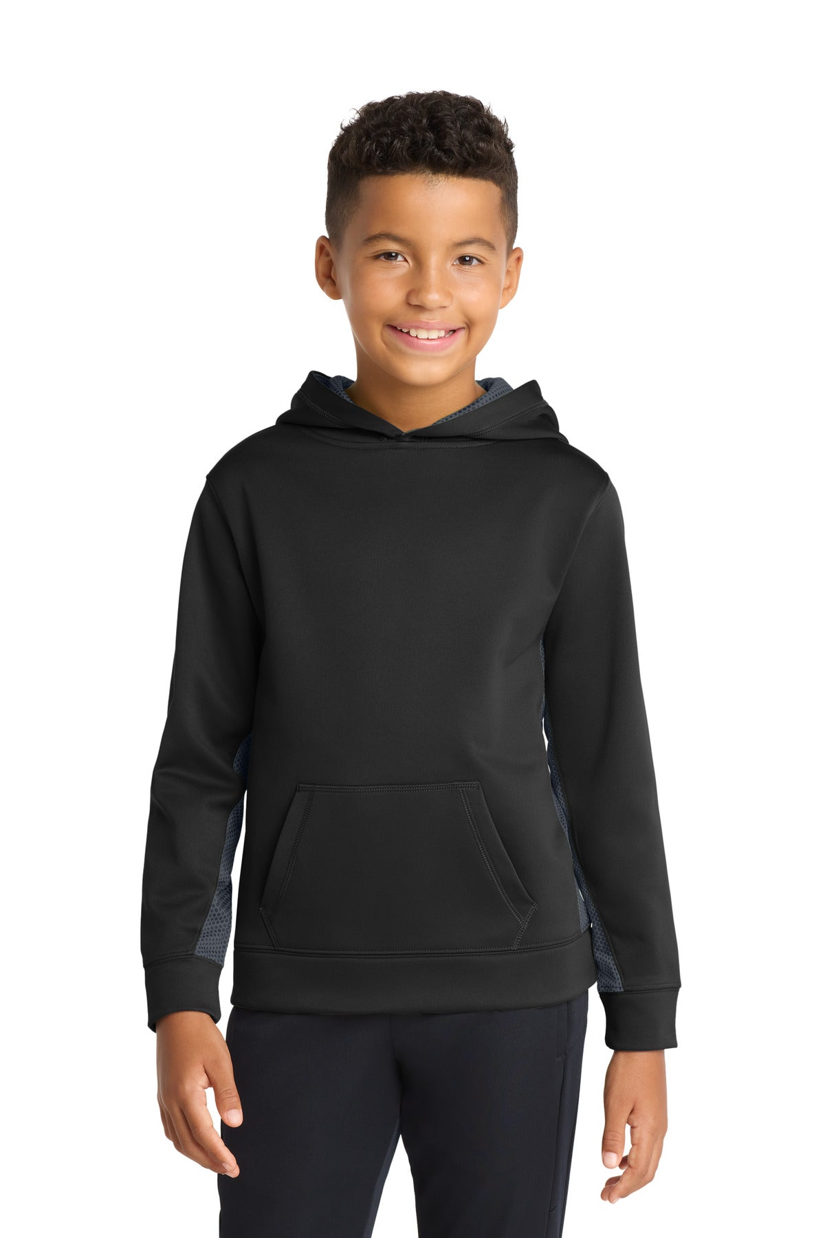 Sport-Tek Youth Sport-Wick CamoHex Fleece Colorblock Hooded Pullover.  YST239 in Black/ Dark Smoke Grey