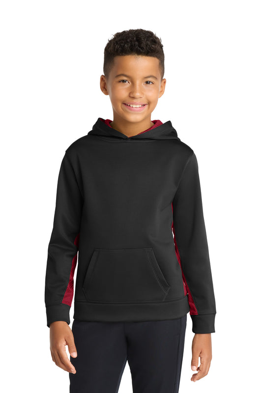 Sport-Tek Youth Sport-Wick CamoHex Fleece Colorblock Hooded Pullover.  YST239 in Black/ Deep Red