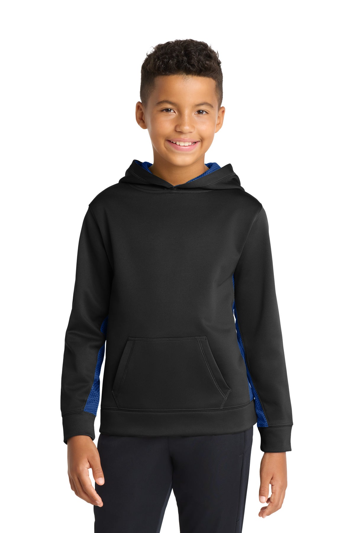 Sport-Tek Youth Sport-Wick CamoHex Fleece Colorblock Hooded Pullover.  YST239 in Black/ True Royal