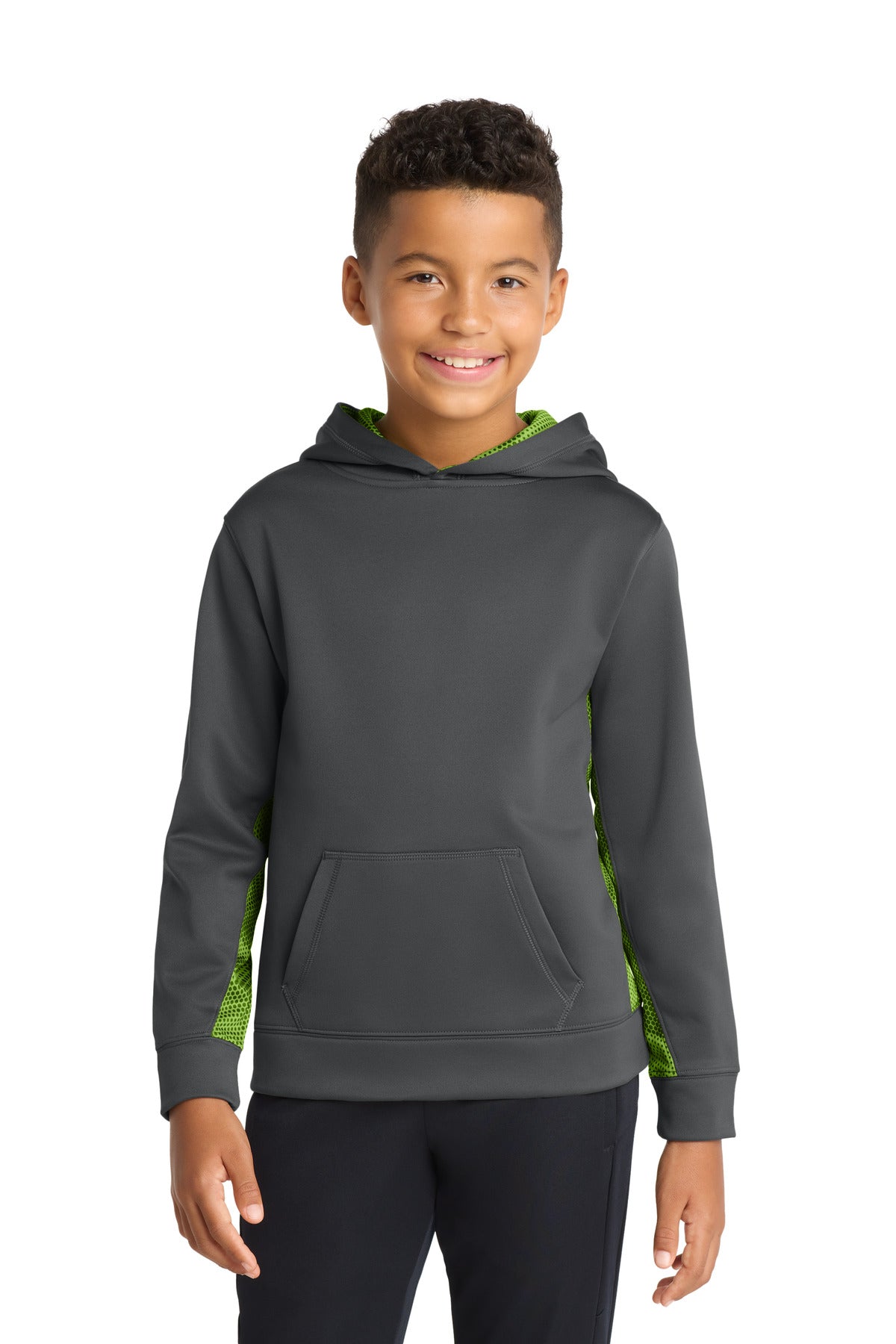 Sport-Tek Youth Sport-Wick CamoHex Fleece Colorblock Hooded Pullover.  YST239 in Dark Smoke Grey/ Lime Shock