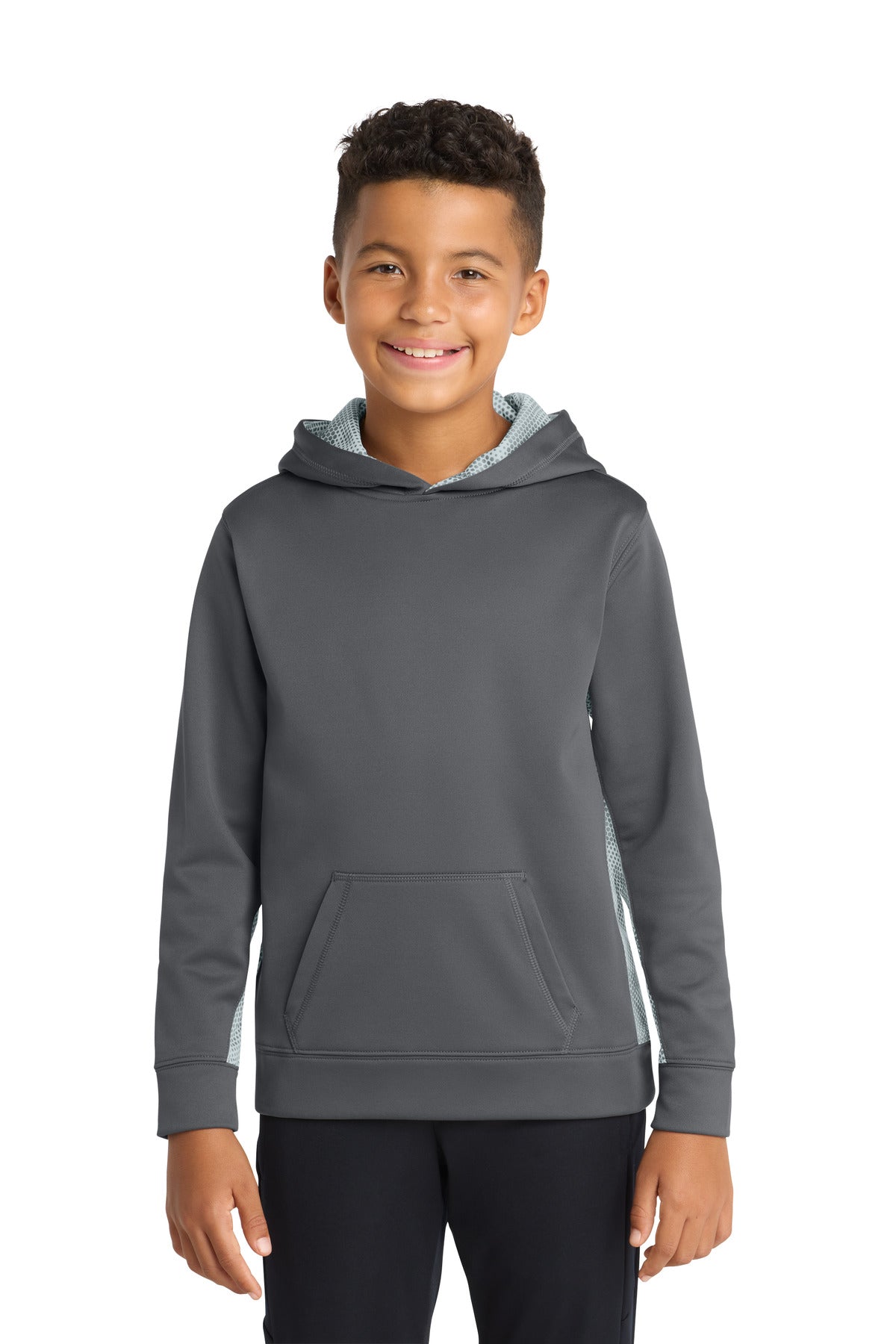 Sport-Tek Youth Sport-Wick CamoHex Fleece Colorblock Hooded Pullover.  YST239 in Dark Smoke Grey/ White