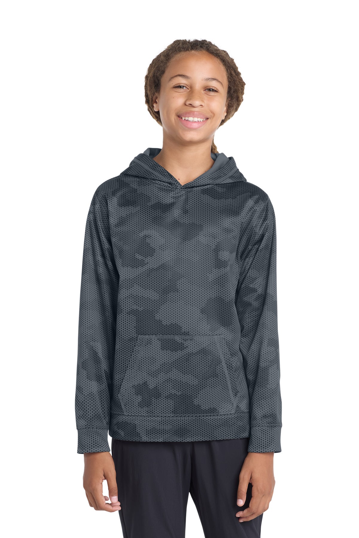 Sport-Tek Youth Sport-Wick CamoHex Fleece Hooded Pullover.  YST240 in Dark Smoke Grey