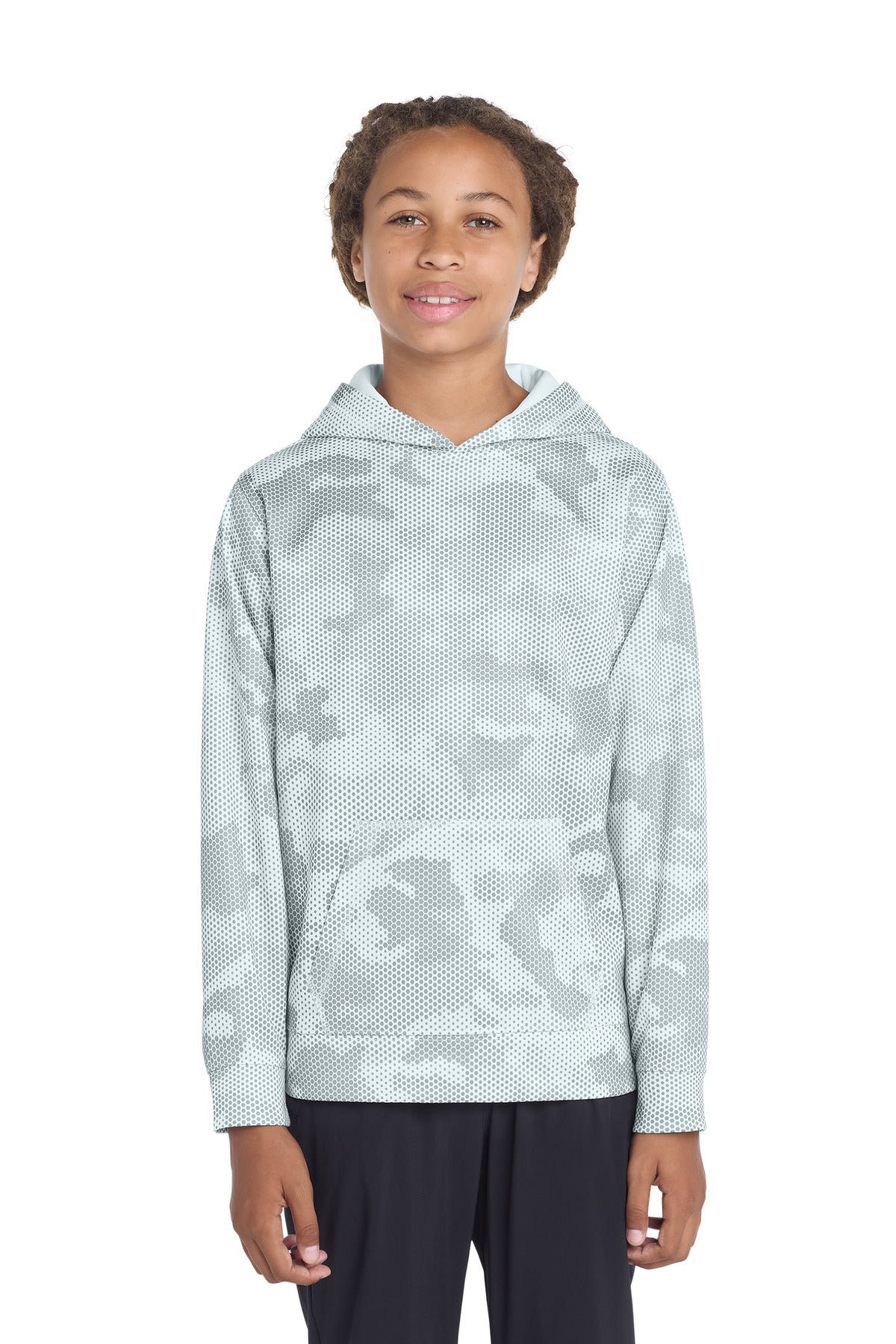 Sport-Tek Youth Sport-Wick CamoHex Fleece Hooded Pullover.  YST240 in White
