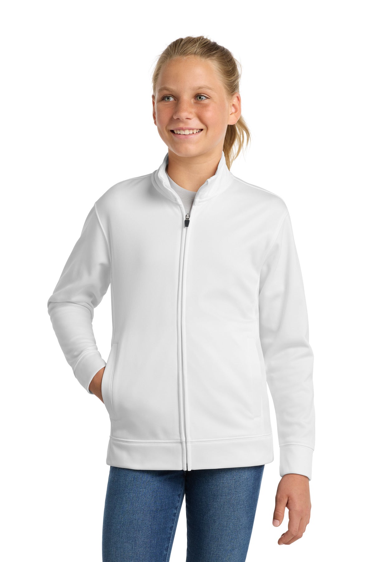 Sport-Tek Youth Sport-Wick Fleece Full-Zip Jacket.  YST241 in White