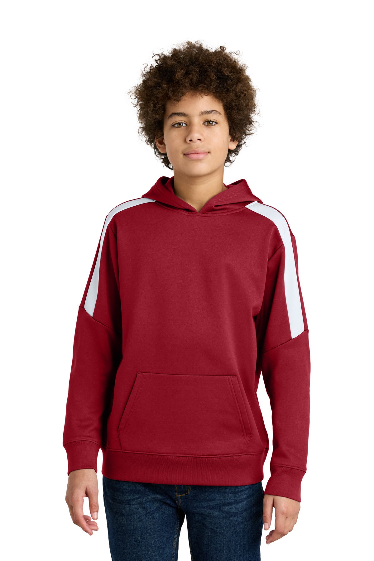 Sport-Tek Youth Sport-Wick Fleece United Pullover Hoodie YST255 in Deep Red/ White