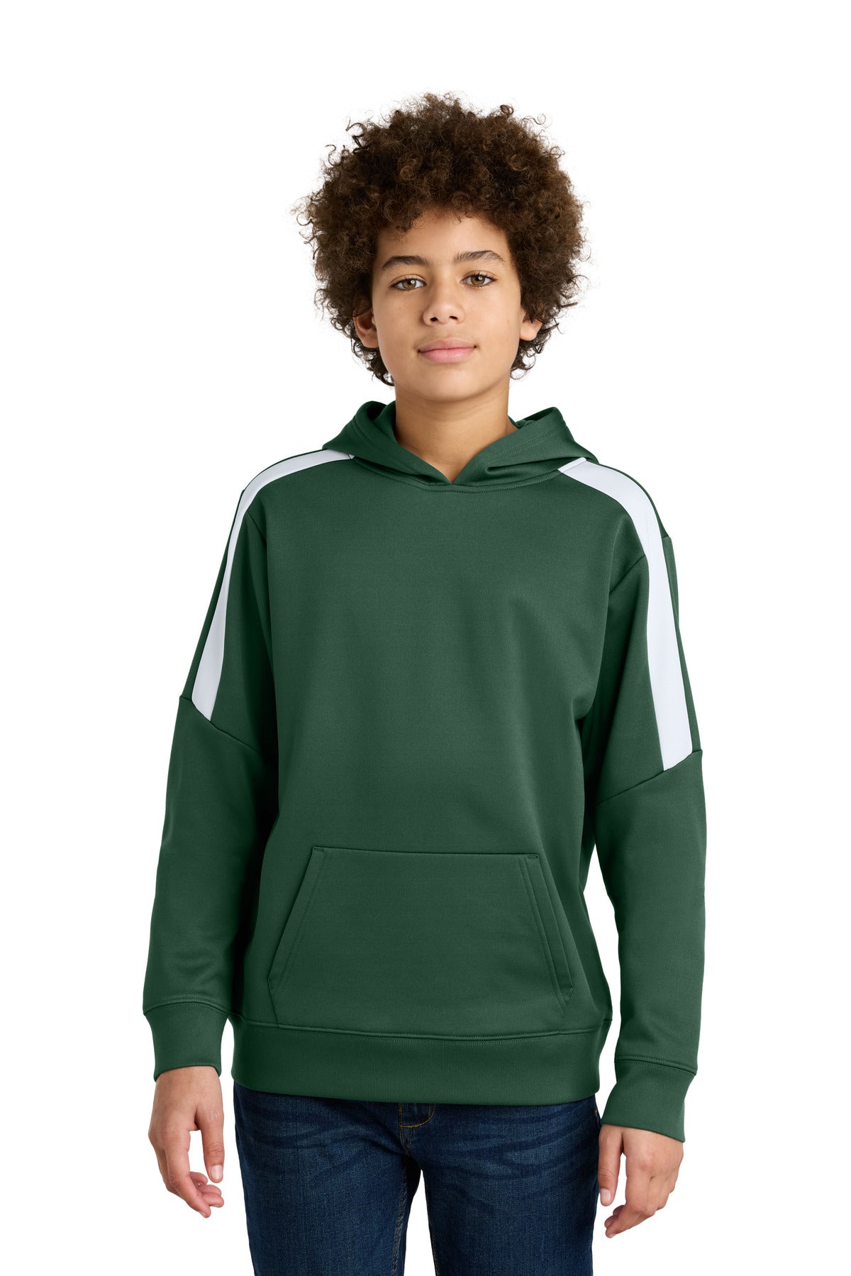 Sport-Tek Youth Sport-Wick Fleece United Pullover Hoodie YST255 in Forest Green/ White