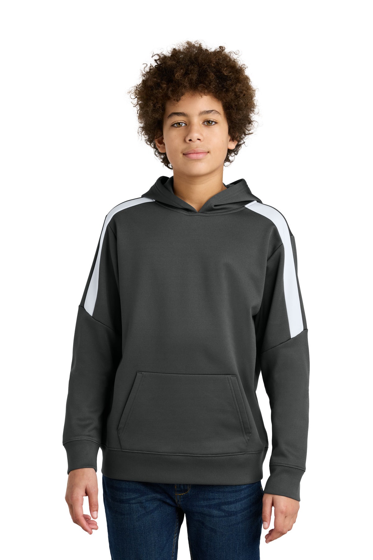 Sport-Tek Youth Sport-Wick Fleece United Pullover Hoodie YST255 in Iron Grey/ White