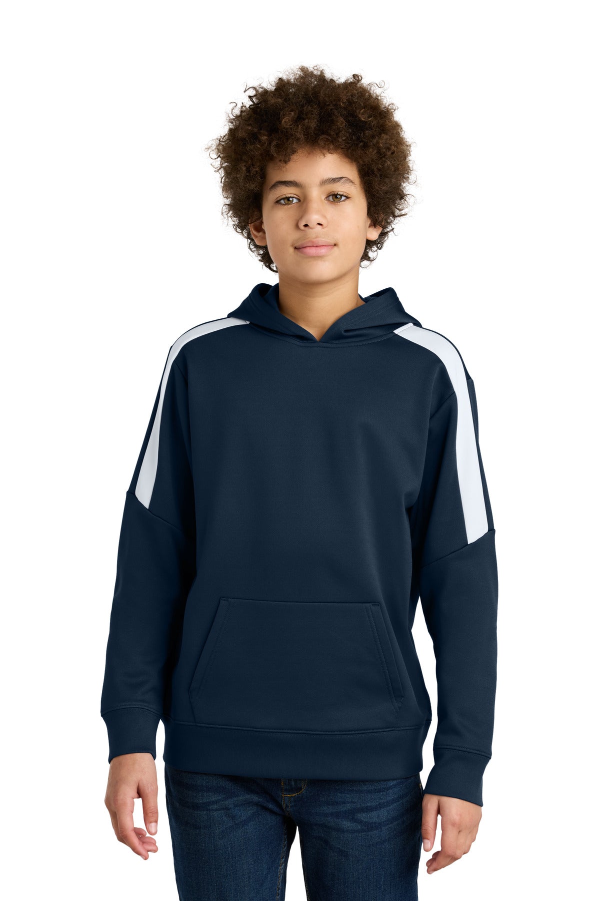 Sport-Tek Youth Sport-Wick Fleece United Pullover Hoodie YST255 in Navy/ White