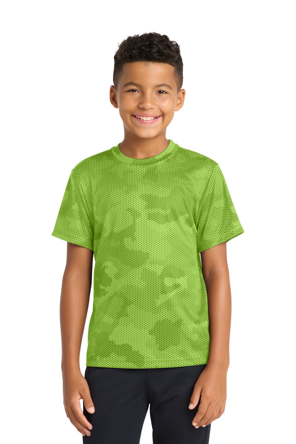 Sport-Tek Youth CamoHex Tee. YST370 in Lime Shock