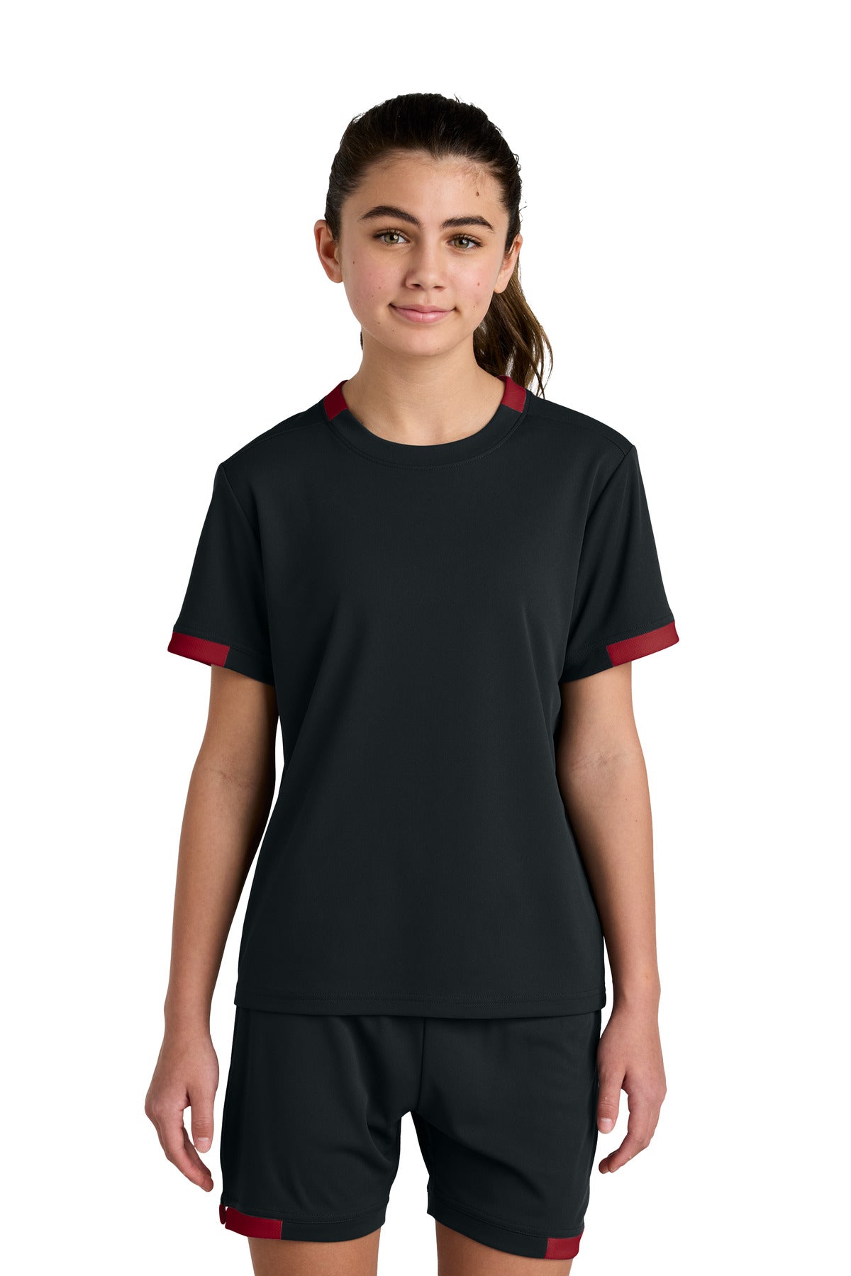 Sport-Tek Youth Club Short Sleeve Crew YST440 in Black/ Deep Red