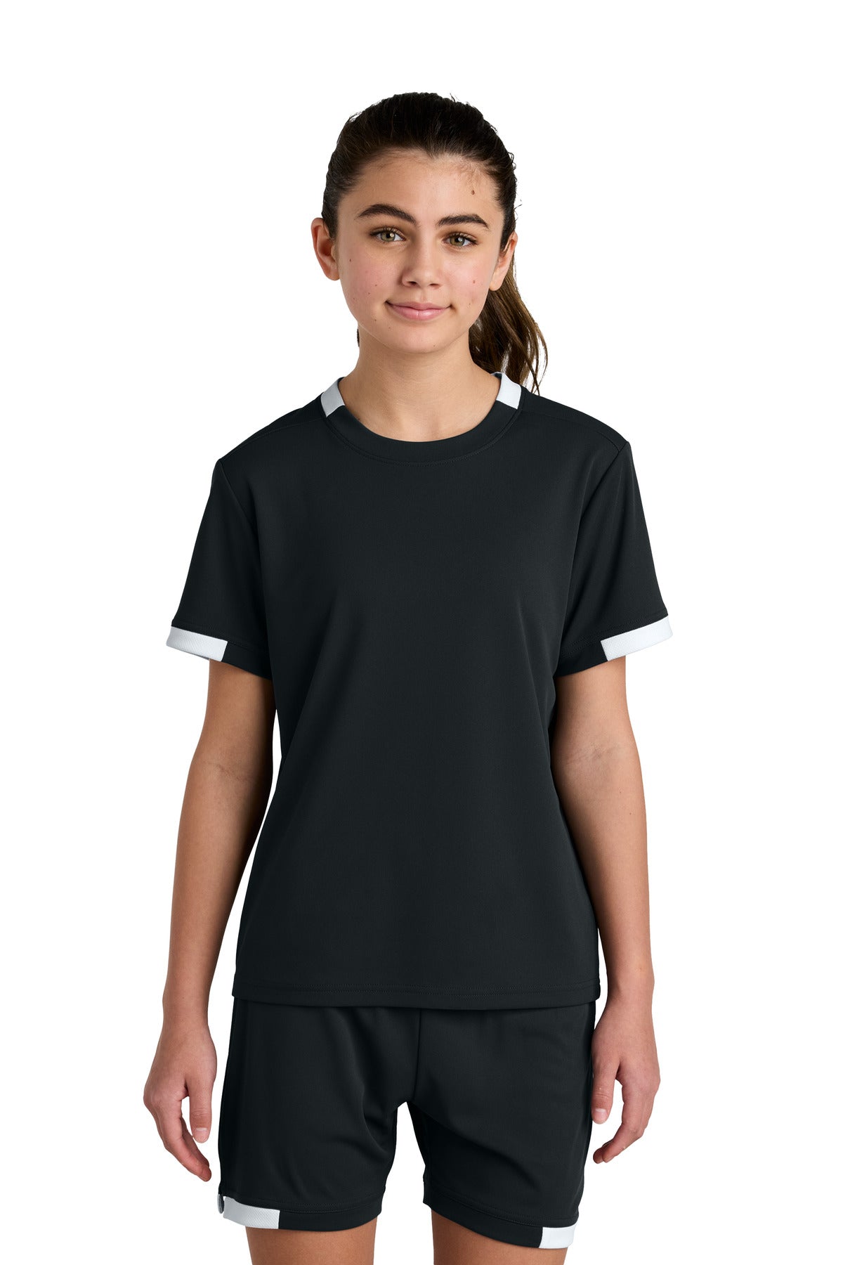 Sport-Tek Youth Club Short Sleeve Crew YST440 in Black/ White