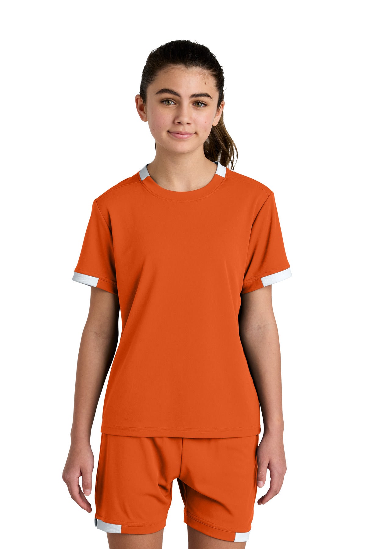 Sport-Tek Youth Club Short Sleeve Crew YST440 in Deep Orange/ White