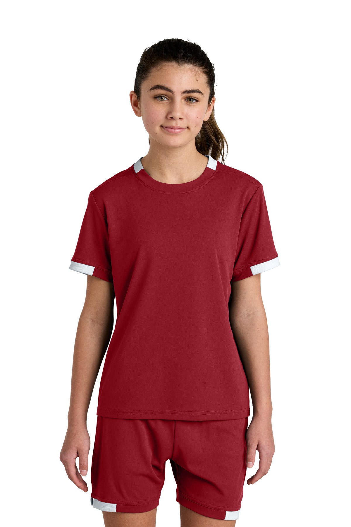 Sport-Tek Youth Club Short Sleeve Crew YST440 in Deep Red/ White