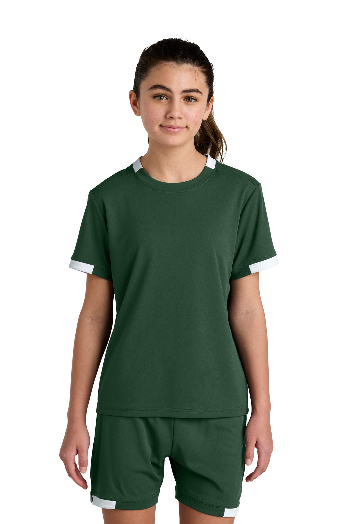 Sport-Tek Youth Club Short Sleeve Crew YST440 in Forest Green/ White