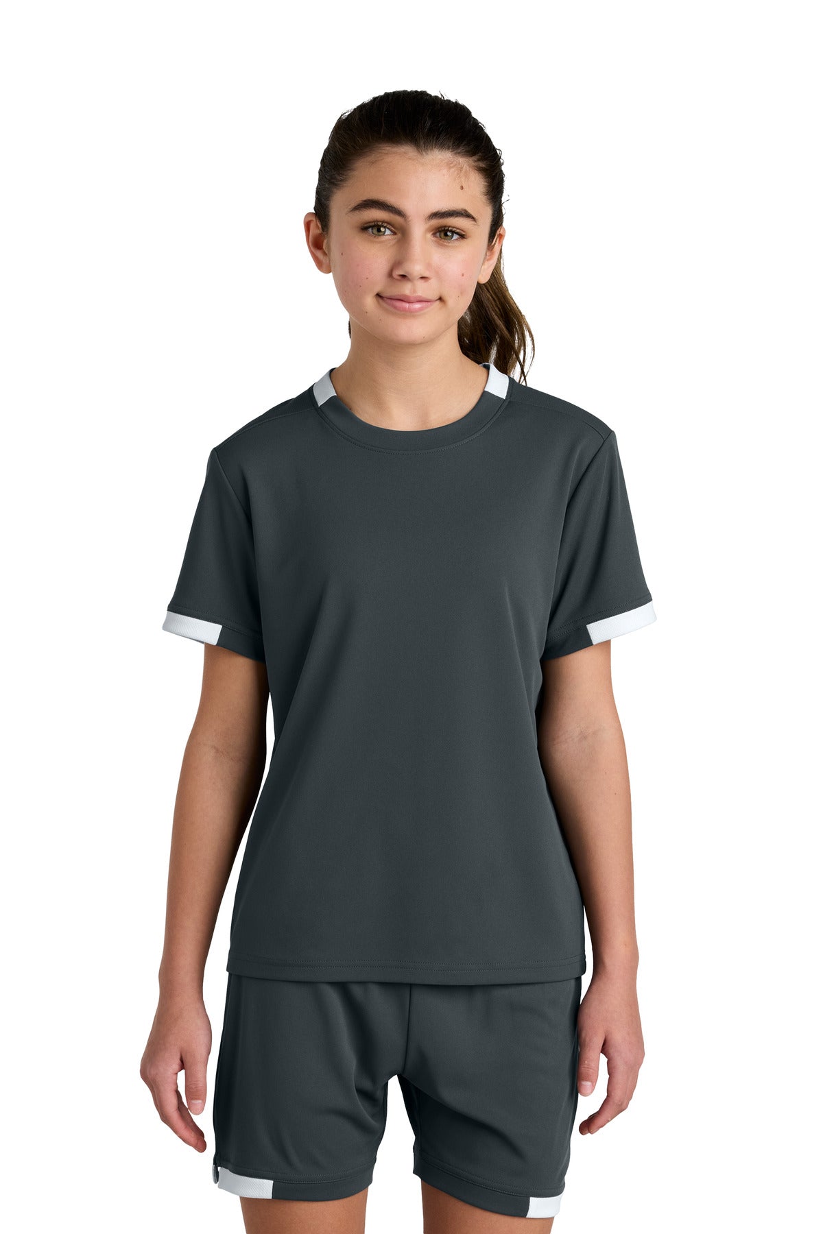 Sport-Tek Youth Club Short Sleeve Crew YST440 in Iron Grey/ White