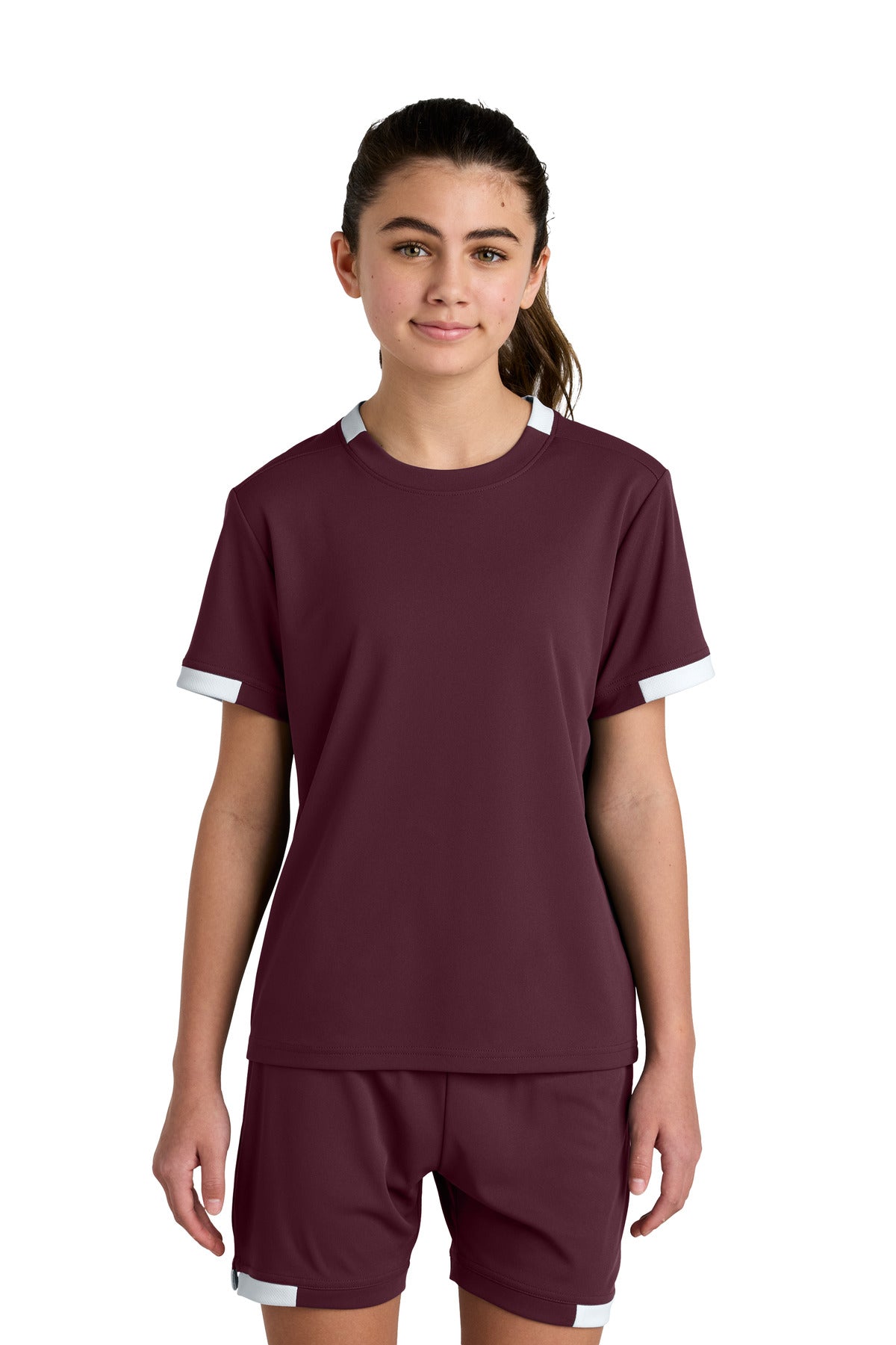 Sport-Tek Youth Club Short Sleeve Crew YST440 in Maroon/ White