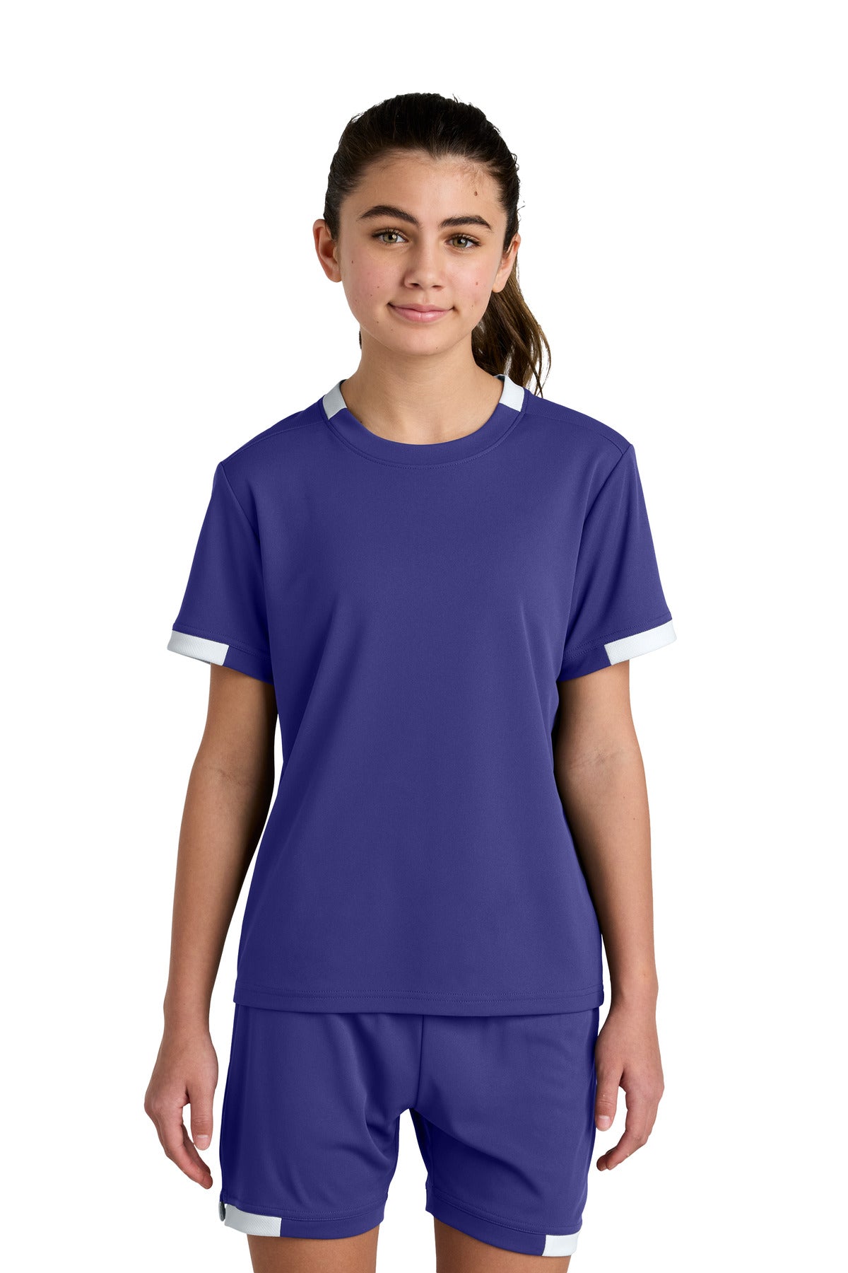 Sport-Tek Youth Club Short Sleeve Crew YST440 in Purple/ White
