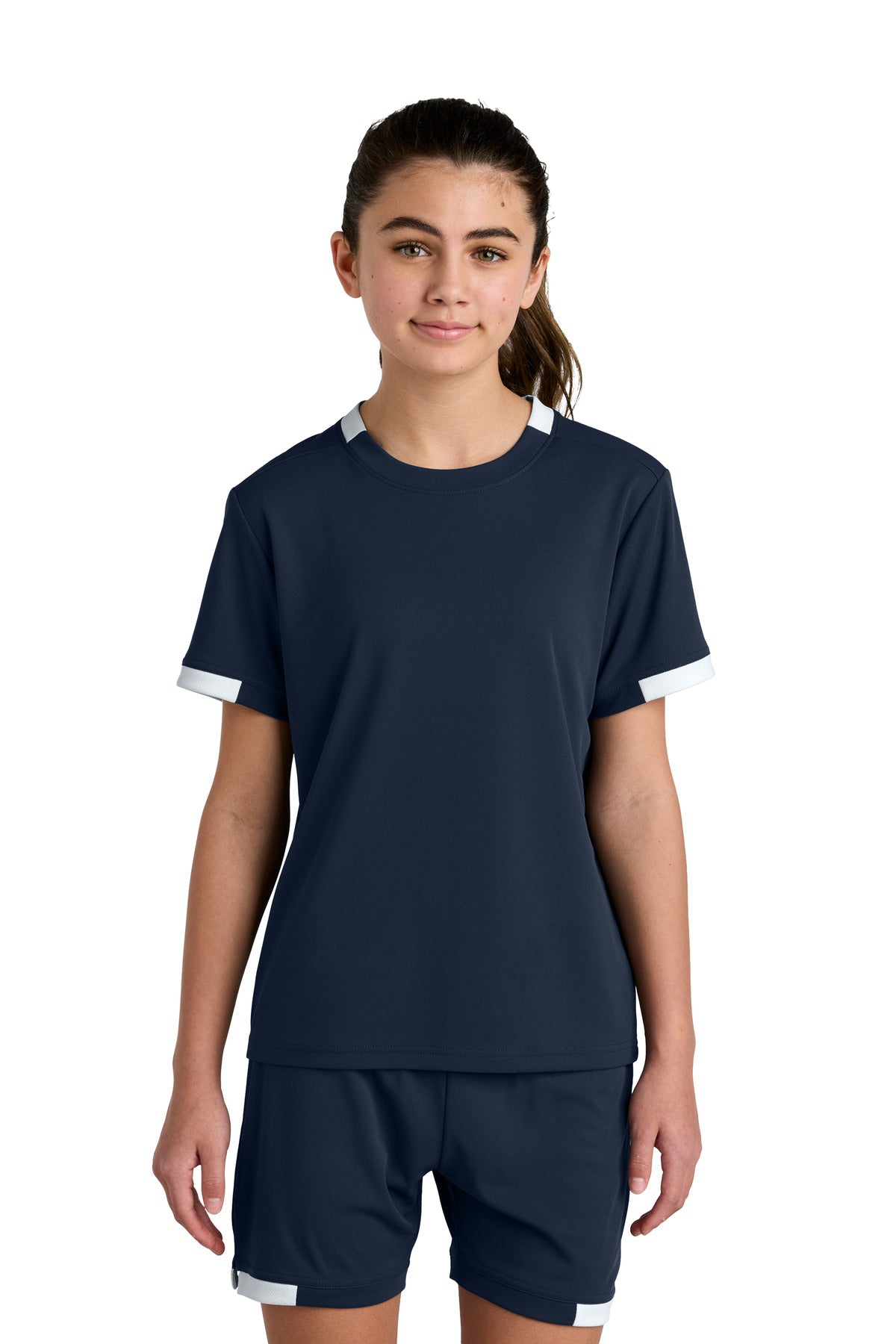 Sport-Tek Youth Club Short Sleeve Crew YST440 in True Navy/ White
