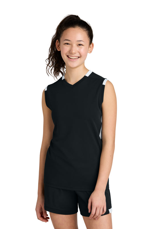 Sport-Tek Youth Club Sleeveless V-Neck YST441 in Black/ White