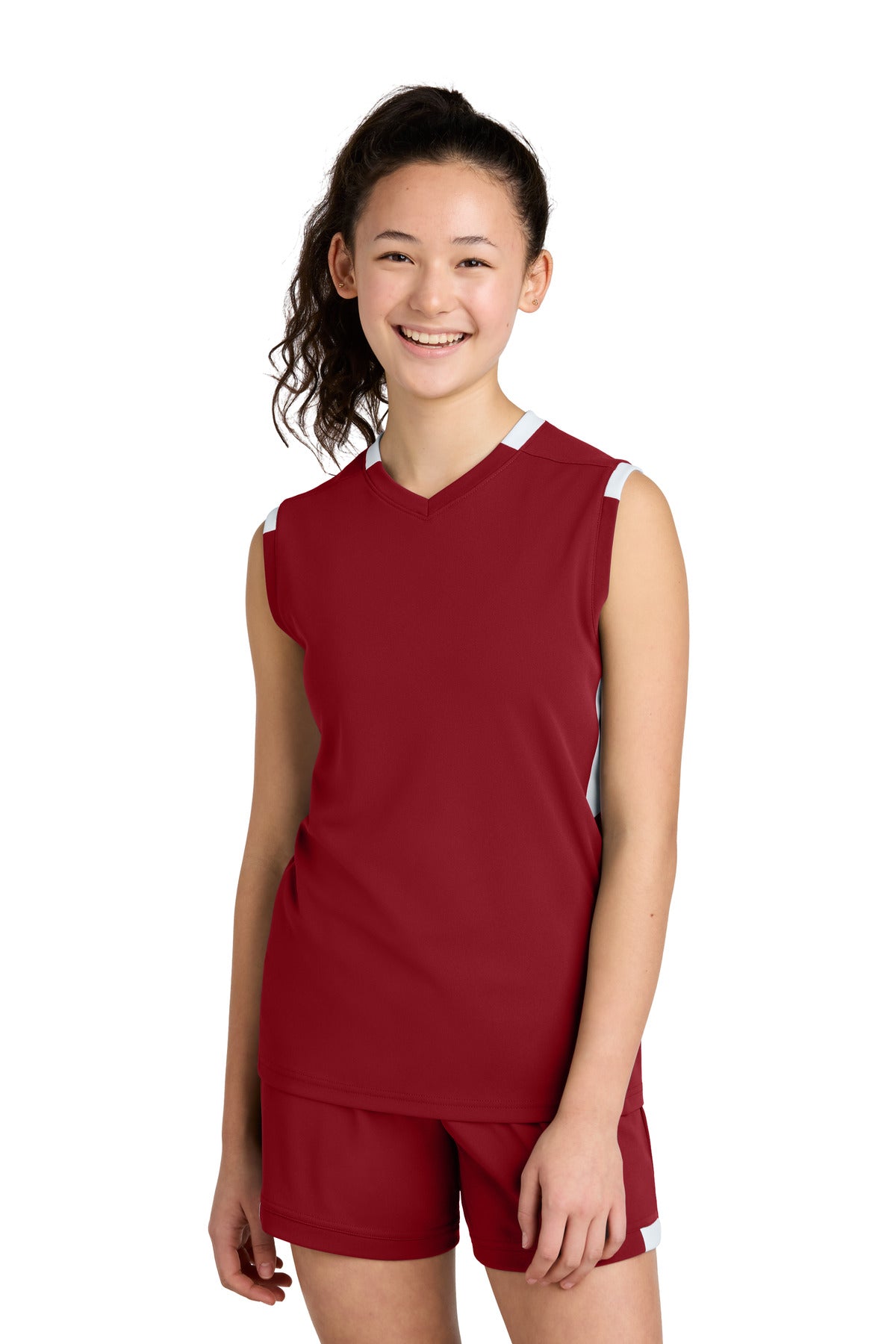 Sport-Tek Youth Club Sleeveless V-Neck YST441 in Deep Red/ White