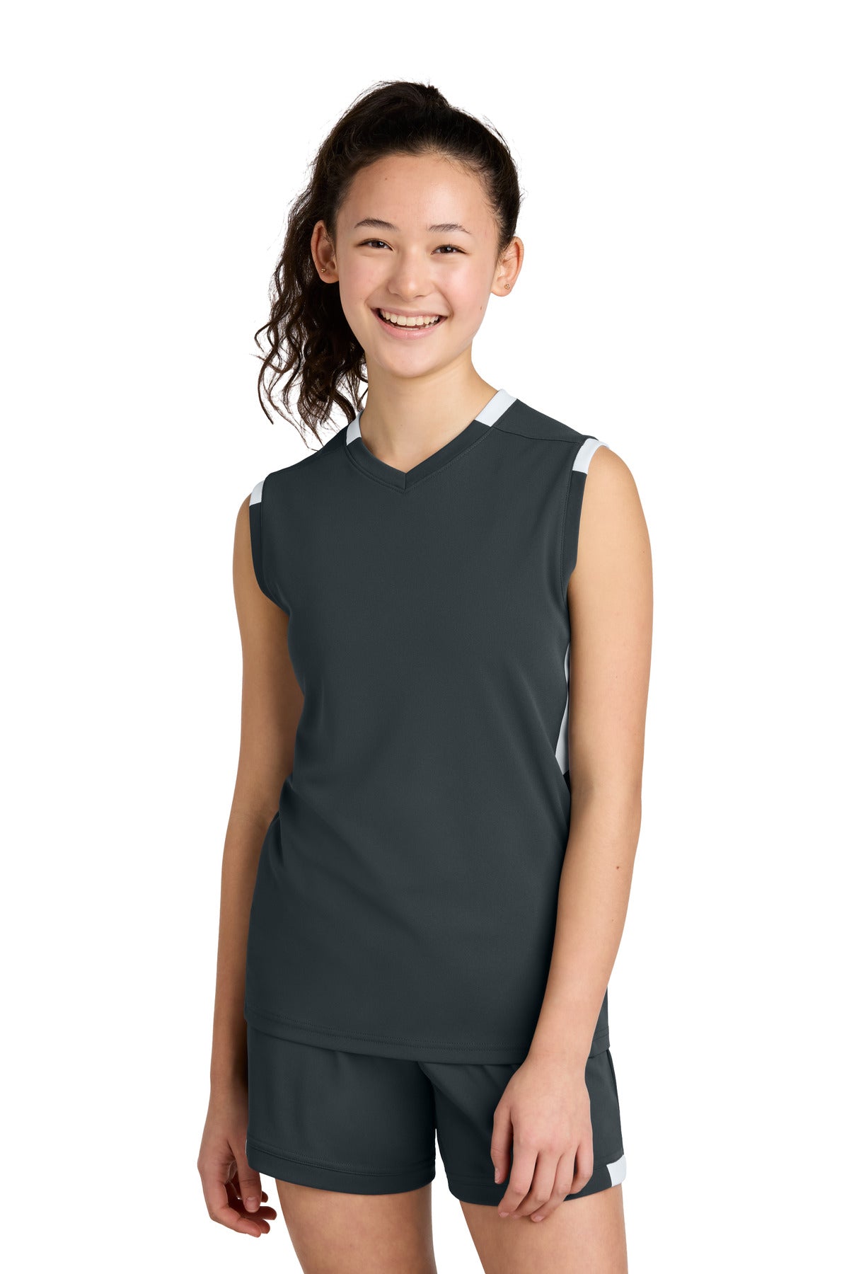 Sport-Tek Youth Club Sleeveless V-Neck YST441 in Iron Grey/ White