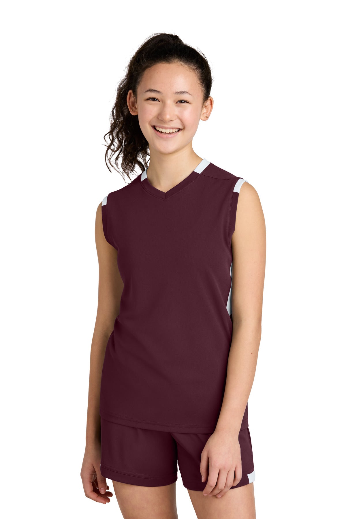 Sport-Tek Youth Club Sleeveless V-Neck YST441 in Maroon/ White