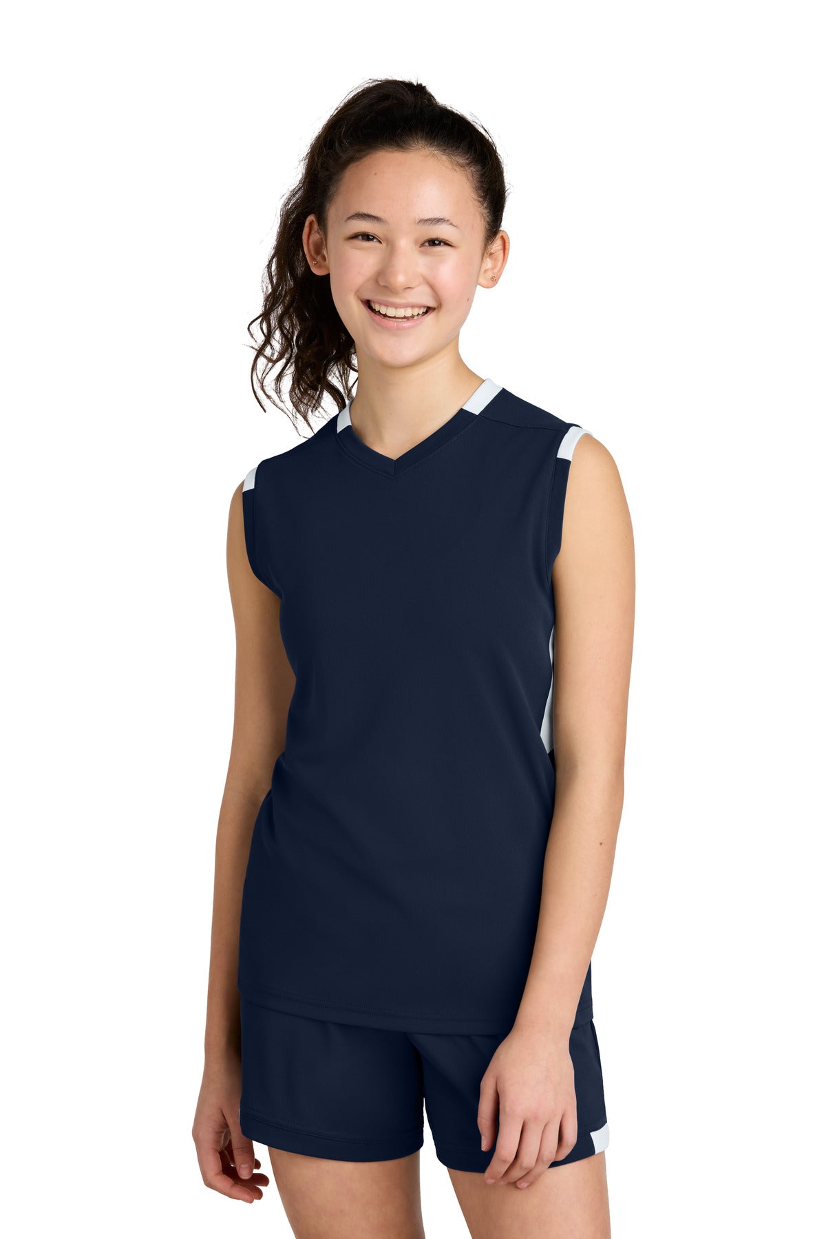 Sport-Tek Youth Club Sleeveless V-Neck YST441 in True Navy/ White