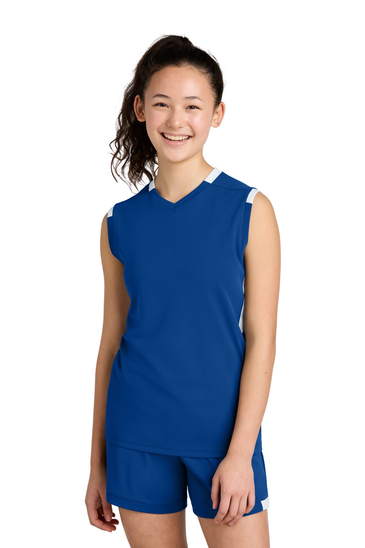 Sport-Tek Youth Club Sleeveless V-Neck YST441 in True Royal/ White