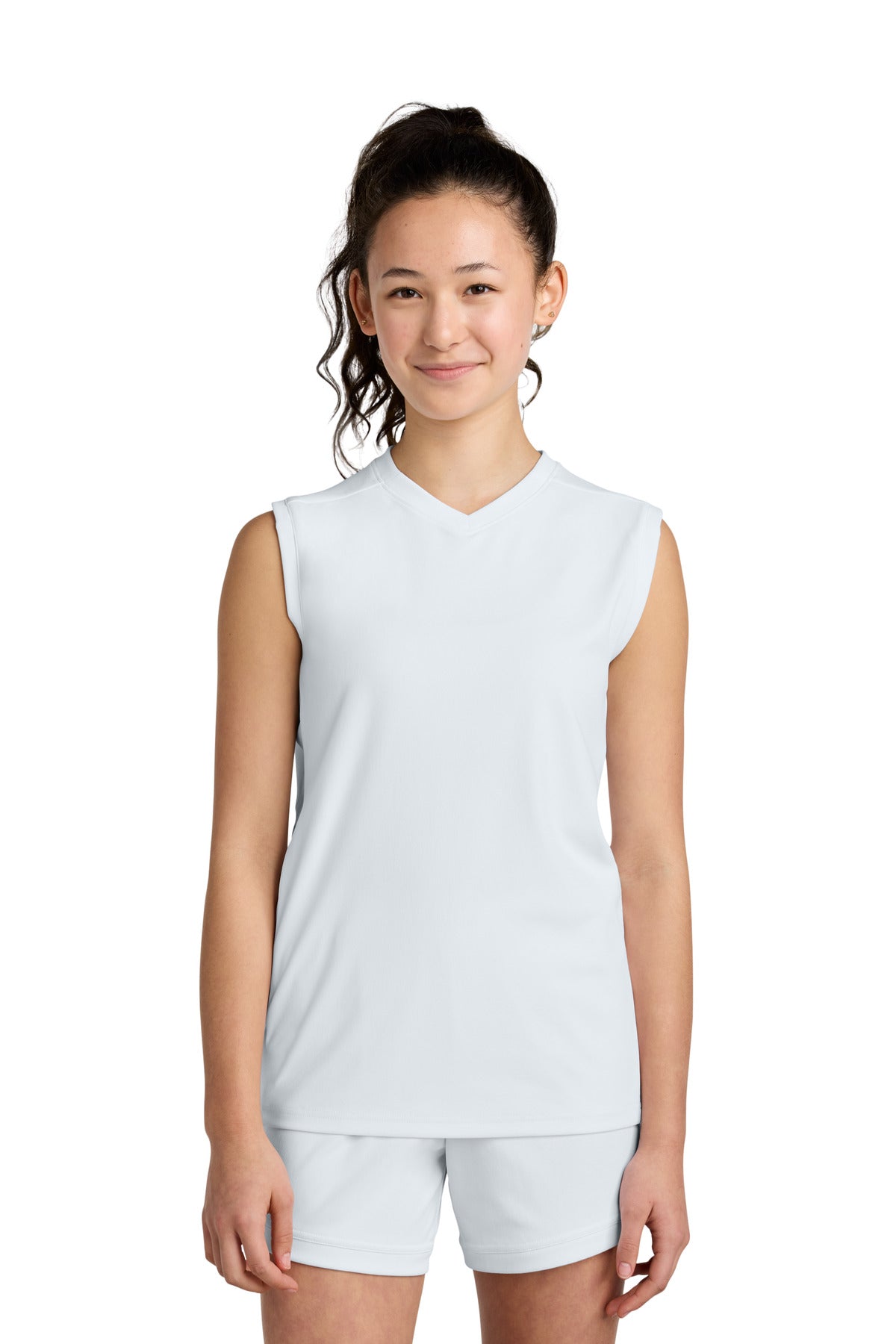 Sport-Tek Youth Club Sleeveless V-Neck YST441 in White/ White