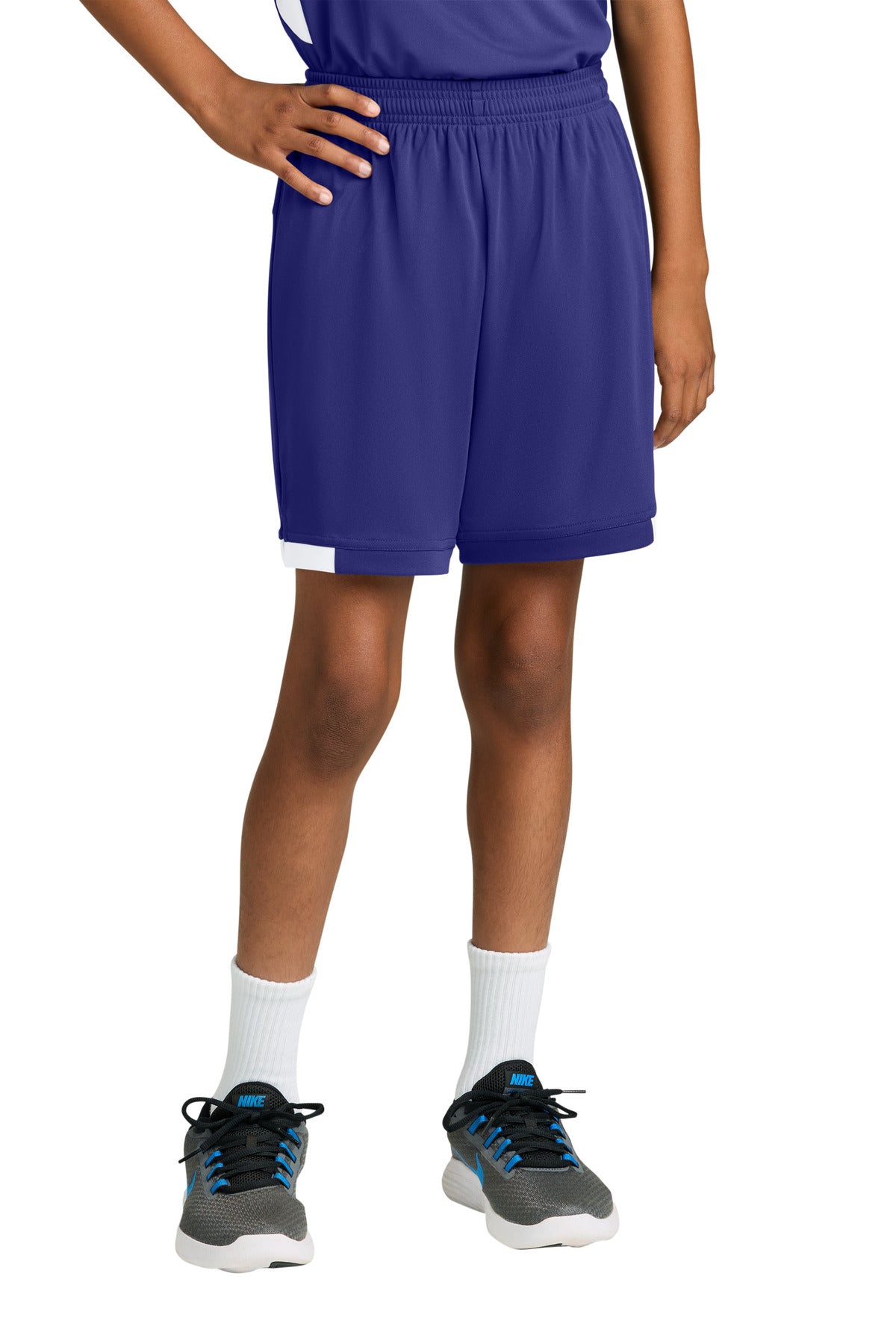 Sport-Tek Youth Club 5  Short YST4420 in Purple/ White