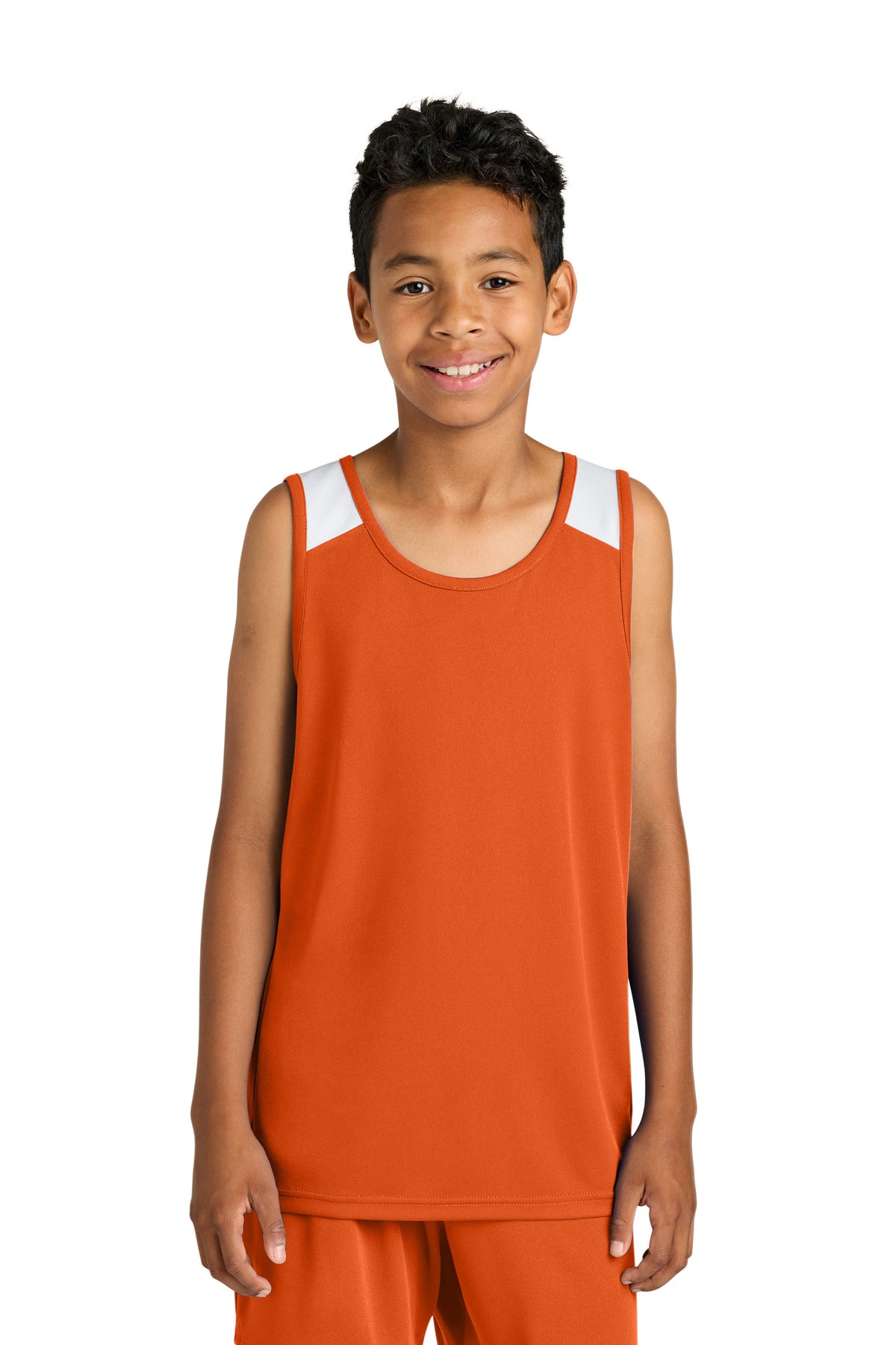 Sport-Tek Youth Club Track Tank YST446 in Deep Orange/ White