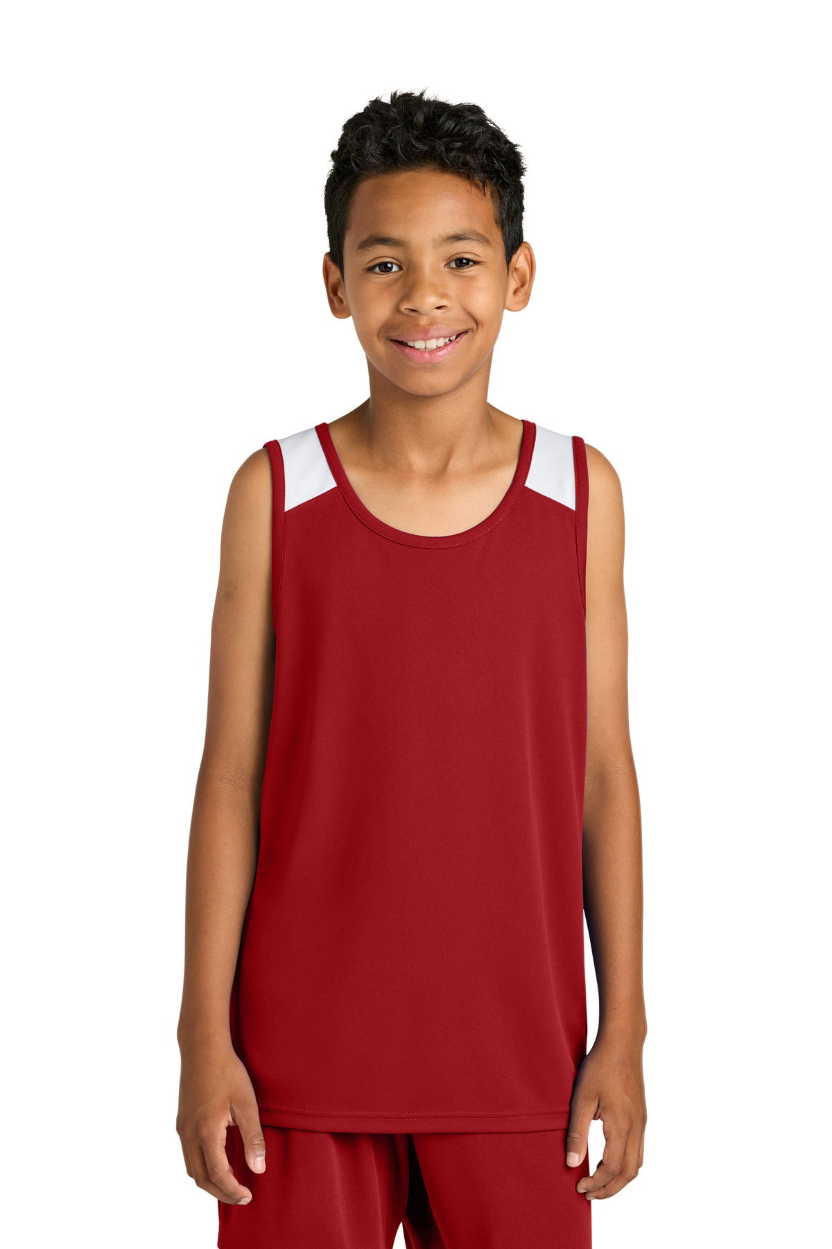 Sport-Tek Youth Club Track Tank YST446 in Deep Red/ White
