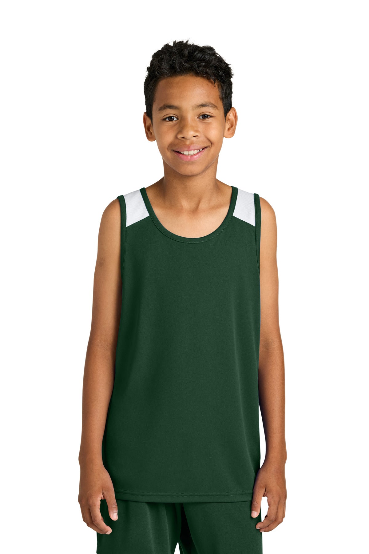 Sport-Tek Youth Club Track Tank YST446 in Forest Green/ White