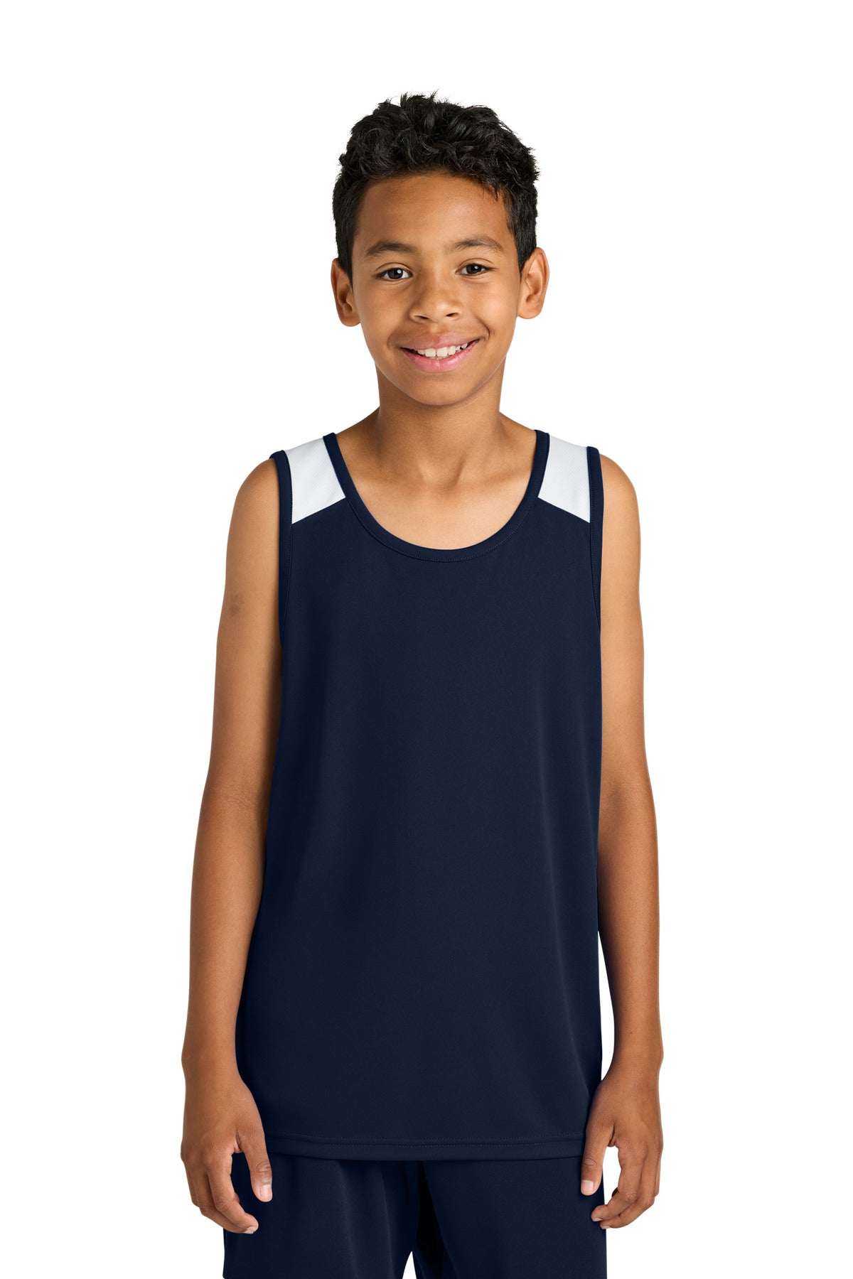 Sport-Tek Youth Club Track Tank YST446 in True Navy/ White