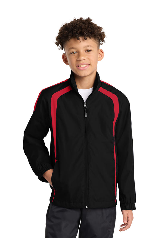 Sport-Tek Youth Colorblock Raglan Jacket. YST60 in Black/ True Red