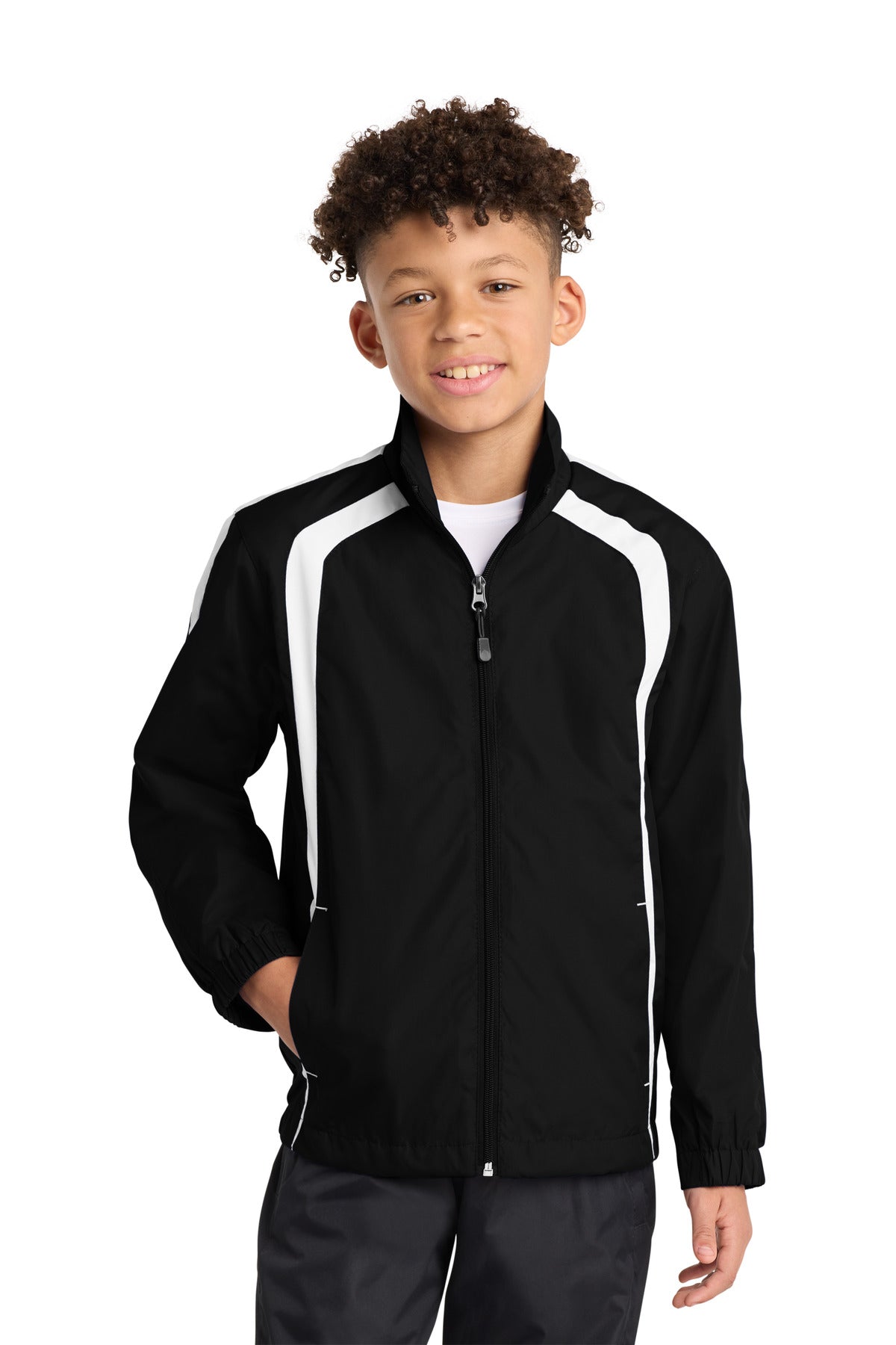 Sport-Tek Youth Colorblock Raglan Jacket. YST60 in Black/ White