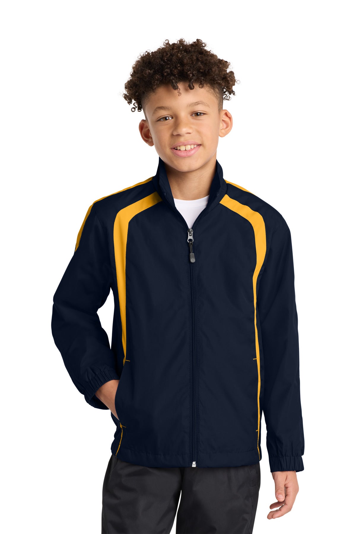 Sport-Tek Youth Colorblock Raglan Jacket. YST60 in True Navy/ Gold