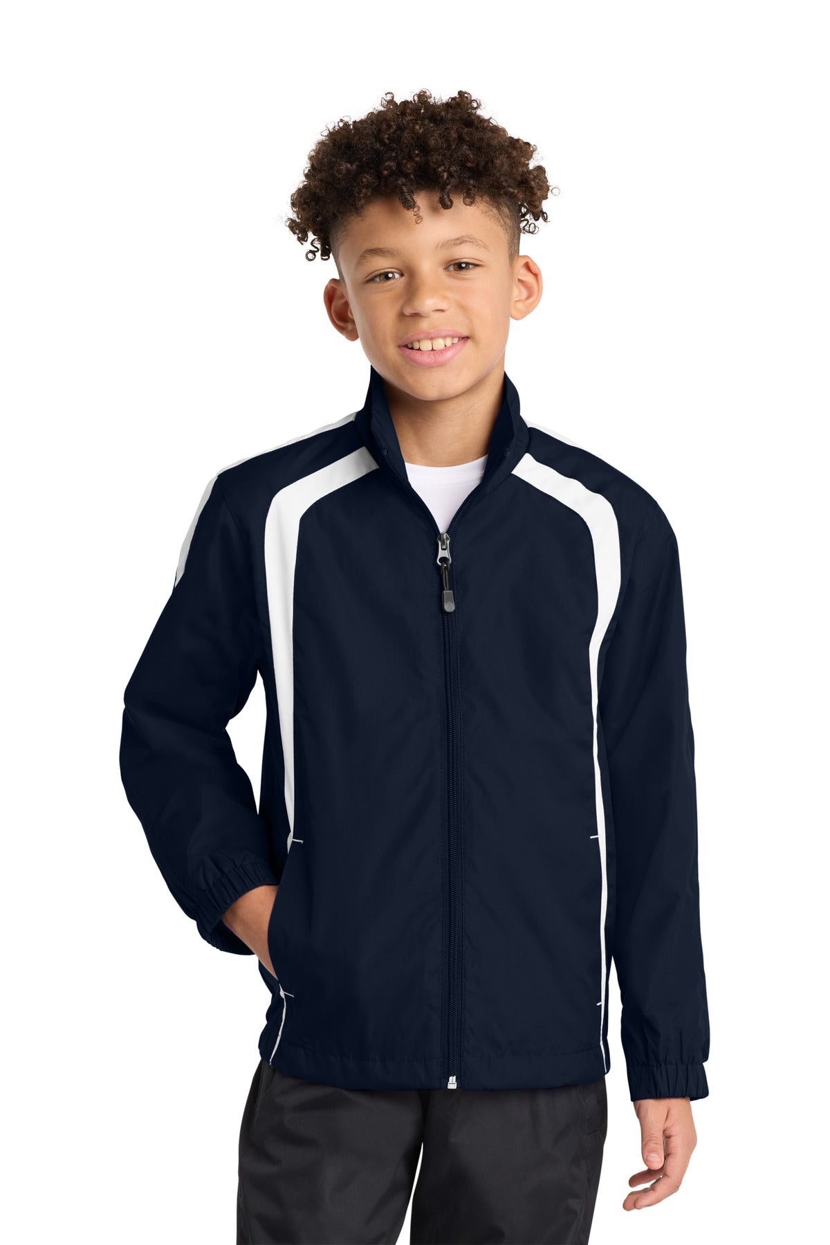 Sport-Tek Youth Colorblock Raglan Jacket. YST60 in True Navy/ White