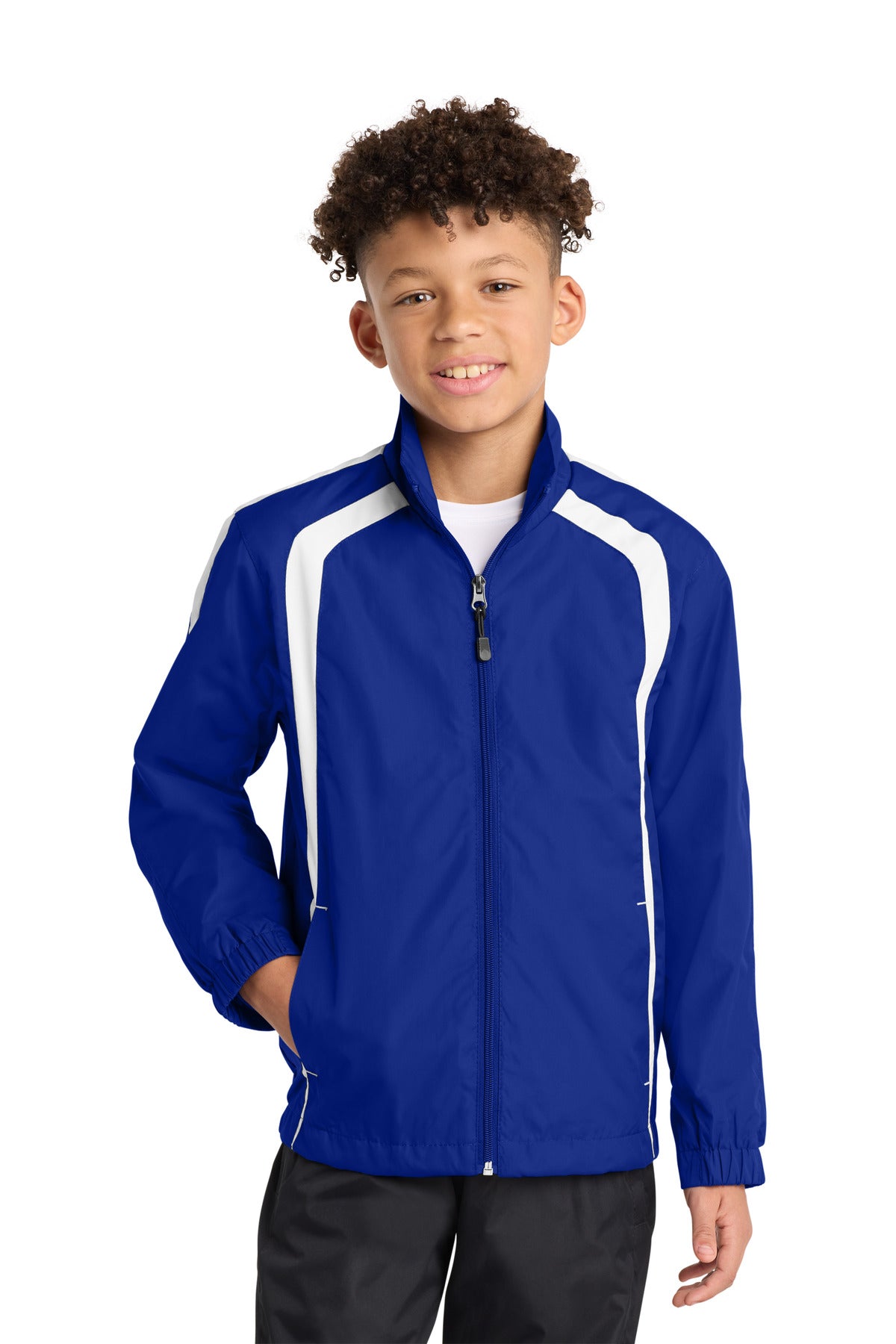 Sport-Tek Youth Colorblock Raglan Jacket. YST60 in True Royal/ White