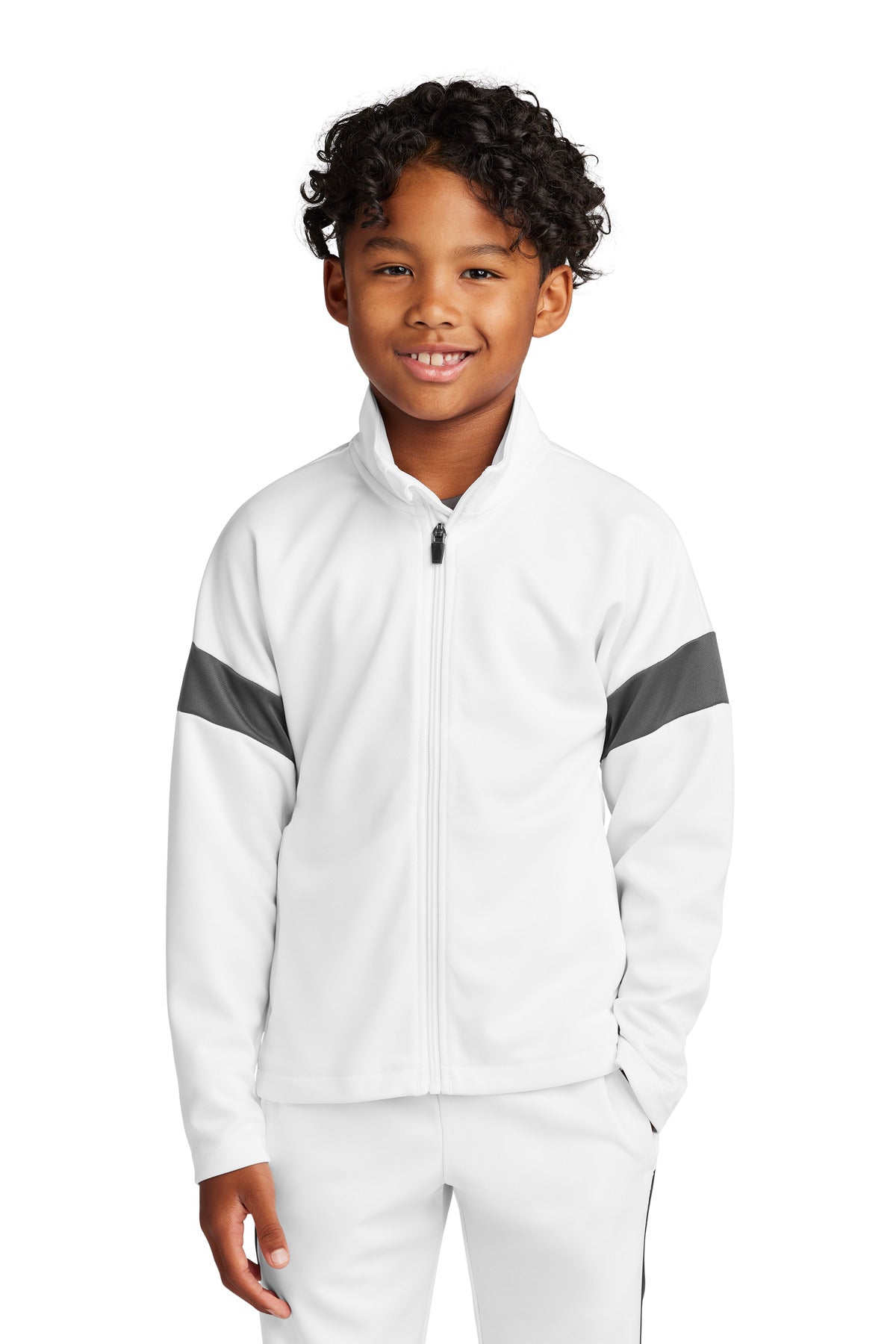 Sport-Tek Youth Travel Full-Zip Jacket YST800 in White/ Iron Grey