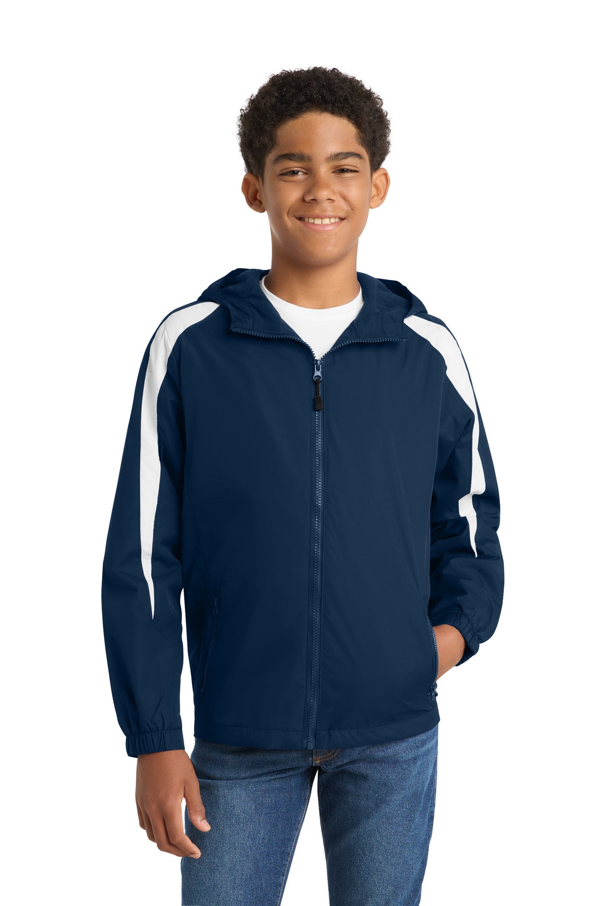 Sport-Tek Youth Fleece-Lined Colorblock Jacket. YST81 in True Navy/ White