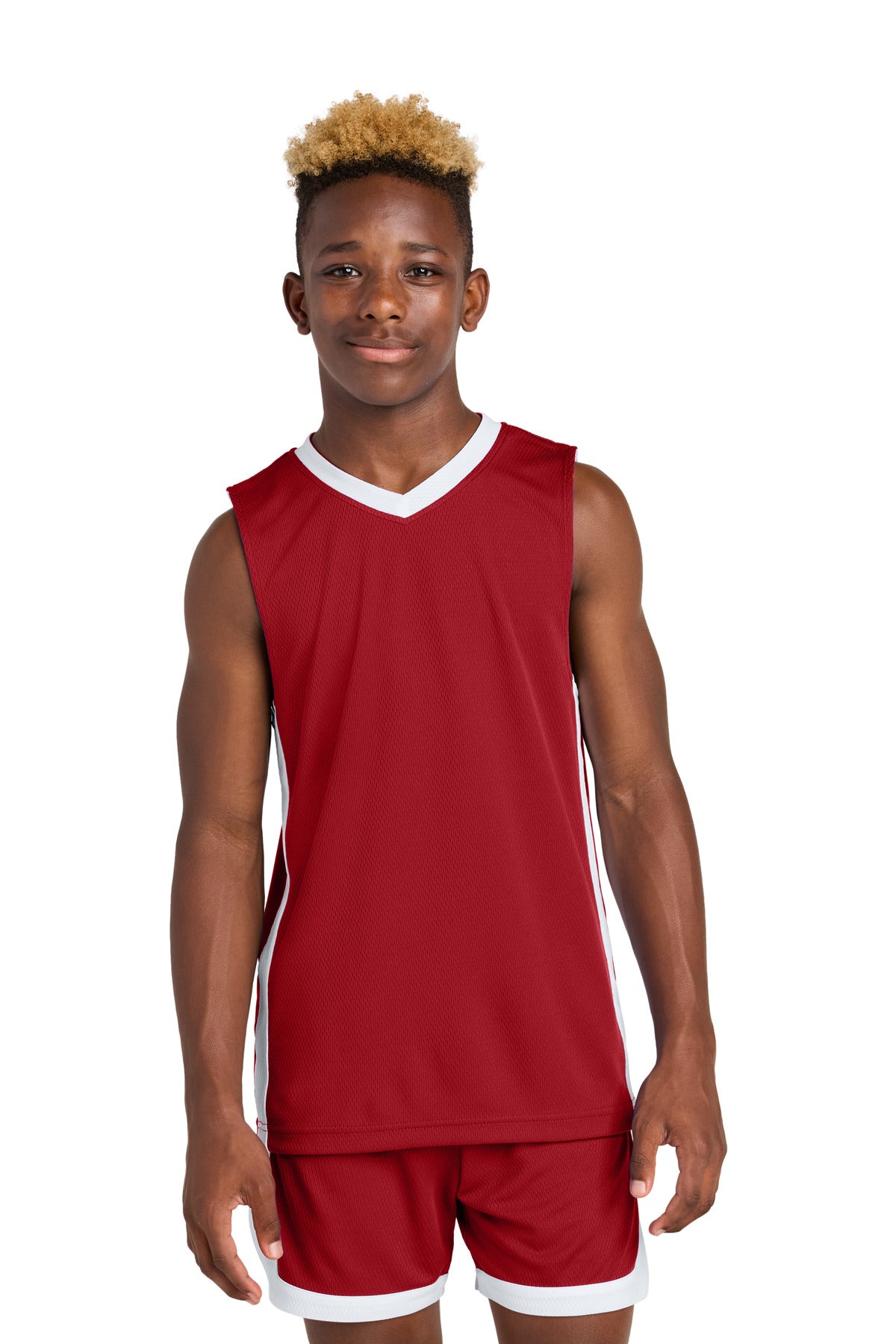 Sport-Tek Youth Rival Basketball Rev Jersey YST900 in Deep Red/ White