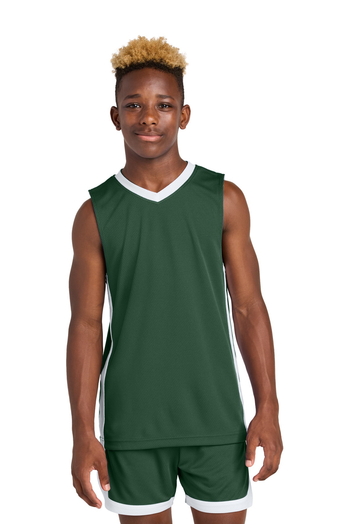 Sport-Tek Youth Rival Basketball Rev Jersey YST900 in Forest Green/ White