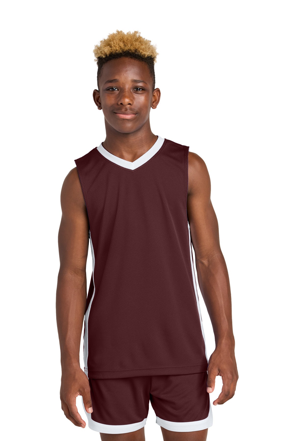 Sport-Tek Youth Rival Basketball Rev Jersey YST900 in Maroon/ White