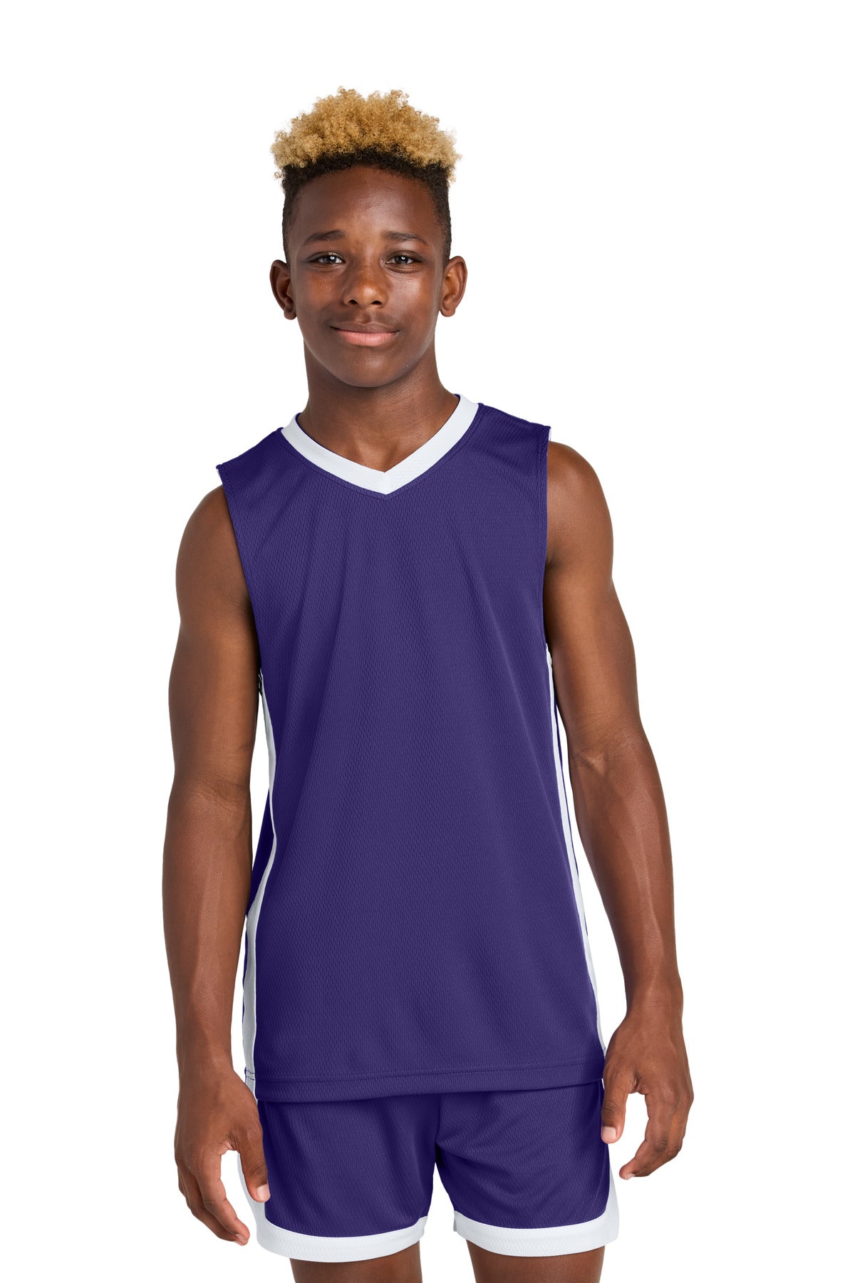 Sport-Tek Youth Rival Basketball Rev Jersey YST900 in Purple/ White