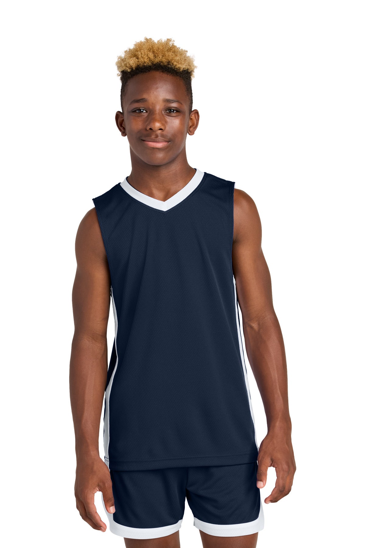 Sport-Tek Youth Rival Basketball Rev Jersey YST900 in True Navy/ White